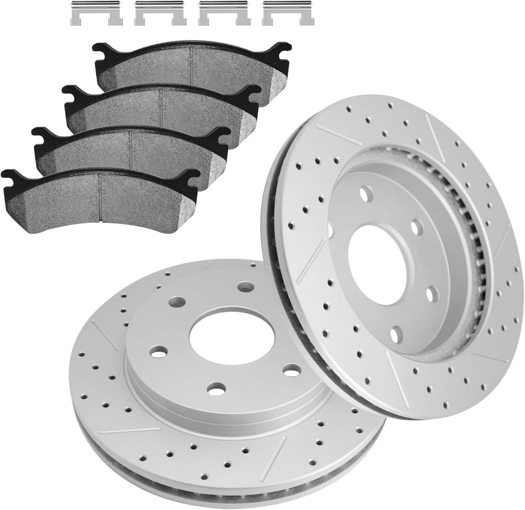 Front Drilled & Slotted Disc Brake Rotors and Ceramic Brake Pads kit for 1999-2006 Chevrolet Silverado 1500, GMC Sierra, 2000-2006 Tahoe, Suburban, Yukon, Express, Avalanche, Safari, Savana, Escalade