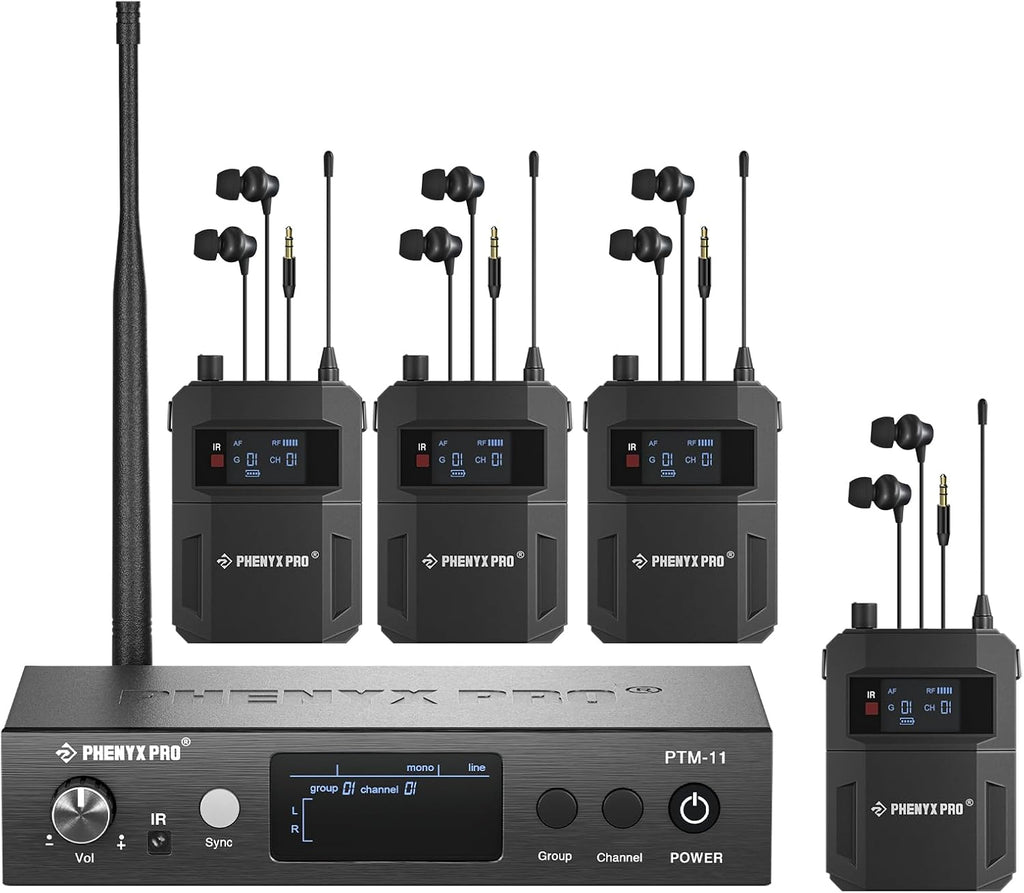 Phenyx Pro Wireless In-Ear Monitor System, Dual IEM for Musicians, Mono Stage Monitor, Metal w/ 4 Bodypacks, 50 UHF Frequencies, Rack Mount, 164ft Range, for Studio/Band (PTM-11-4B)