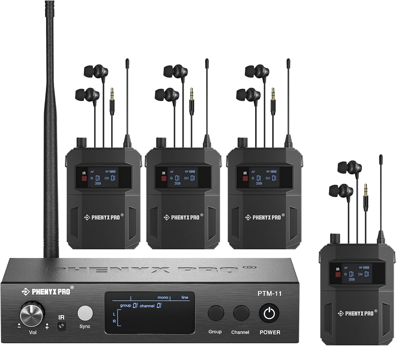 Phenyx Pro Wireless In-Ear Monitor System, Dual IEM for Musicians, Mono Stage Monitor, Metal w/ 4 Bodypacks, 50 UHF Frequencies, Rack Mount, 164ft Range, for Studio/Band (PTM-11-4B)