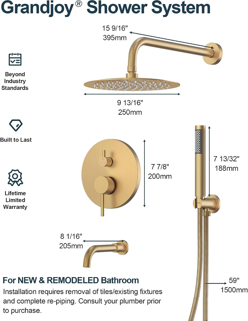 10 Inch Round Shower Faucet Set with Tub Spout, High Pressure Rainfall Shower Head and Handheld Sprayer Combo, Brushed Gold