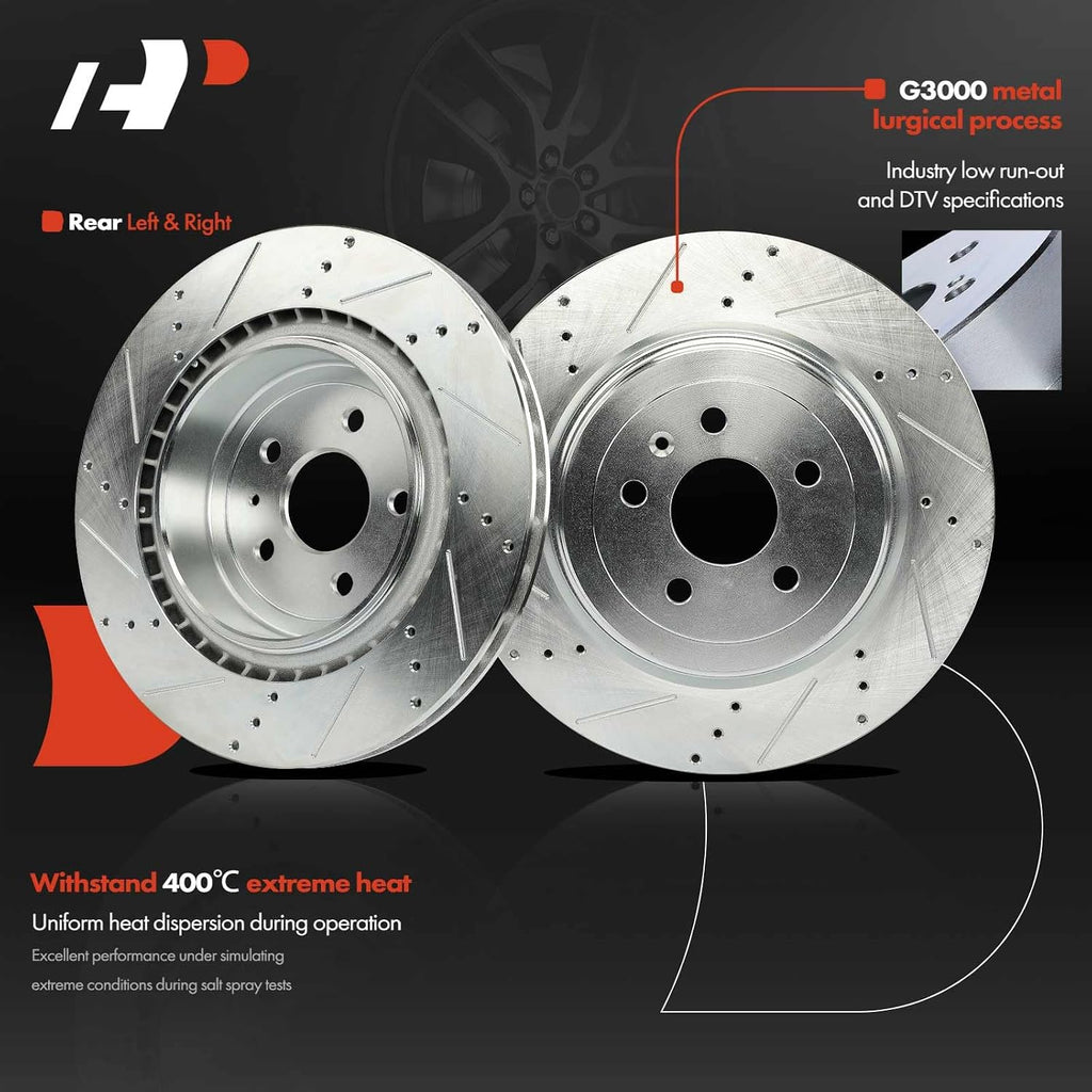 A-Premium Front and Rear Drilled and Slotted Disc Brake Rotors + Ceramic Pads Kit Compatible with Select Tesla Model - Model S 2013 2014 2015 2016, 12-PC Set