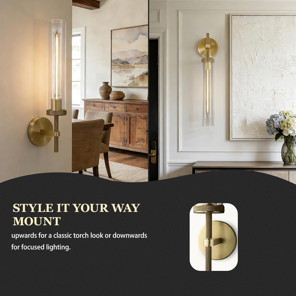 Brass Sconces Wall Lighting, 19' Tube Glass Gold Sconces, Bathroom Wall Sconces Lighting Vanity Lights Wall Lights for Living Room, Hallway, Fireplace, Staircase