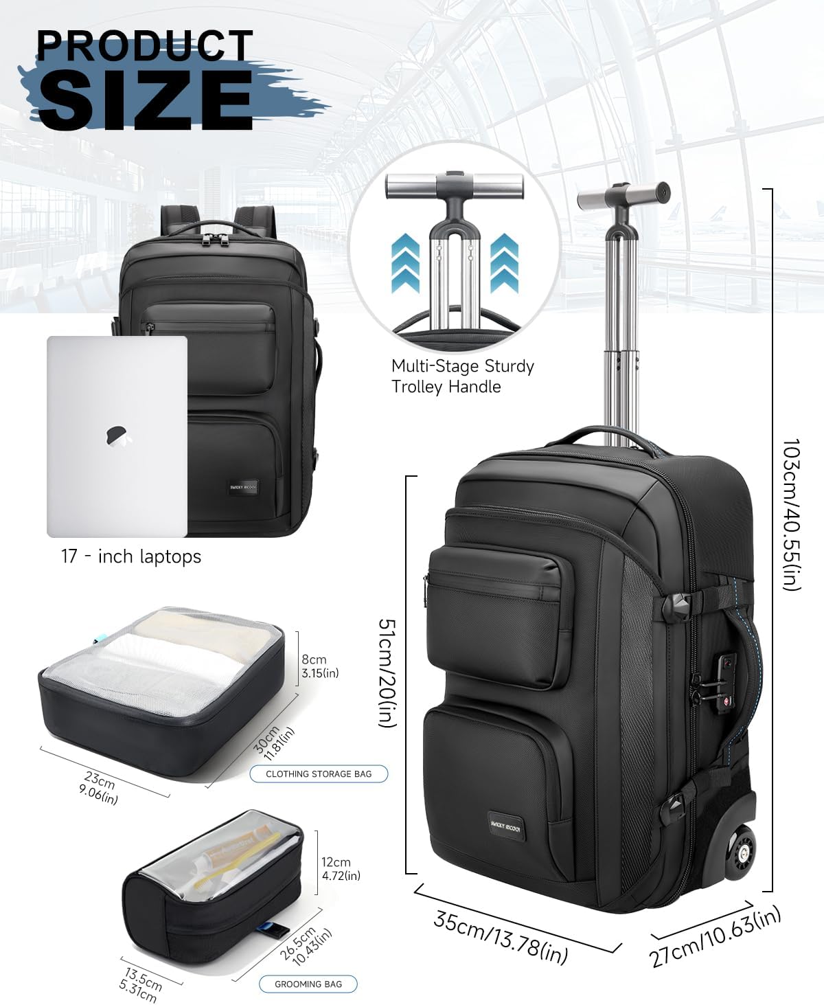 Carry on backpack with wheels, Rolling backpack with Dry-Wet Pocket, TSA Lock, Laptop Compartment, Water-Resistant for Men Women, Work, Air Travel（3-Piece Set-Includes Toiletry & Storage Bag）