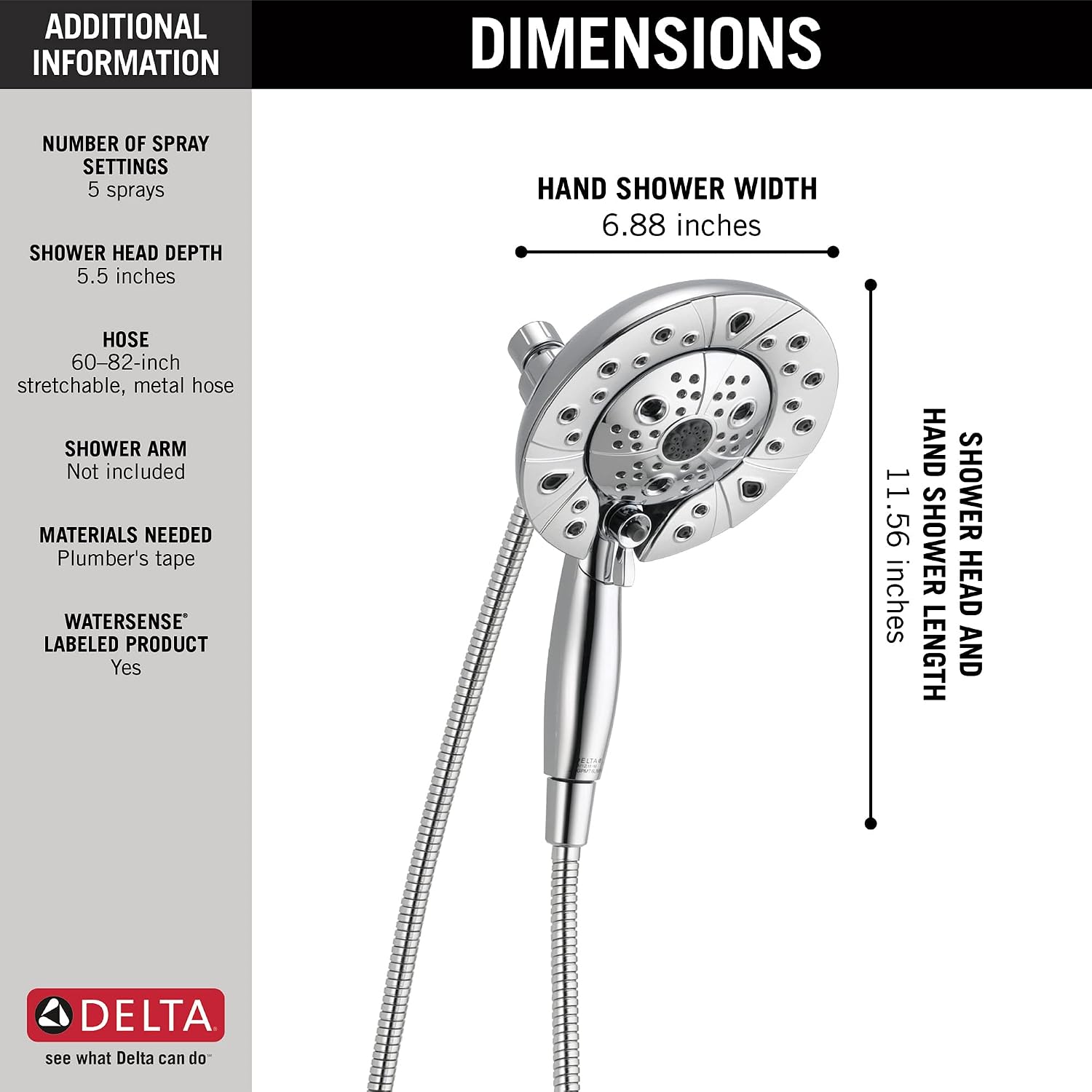 Delta Faucet 5-Spray In2ition Dual Shower Head with HandHeld Spray, H2Okinetic Chrome Shower Head with Hose, Showerheads, Handheld Shower Heads, Lumicoat Chrome 58480-PR-PK