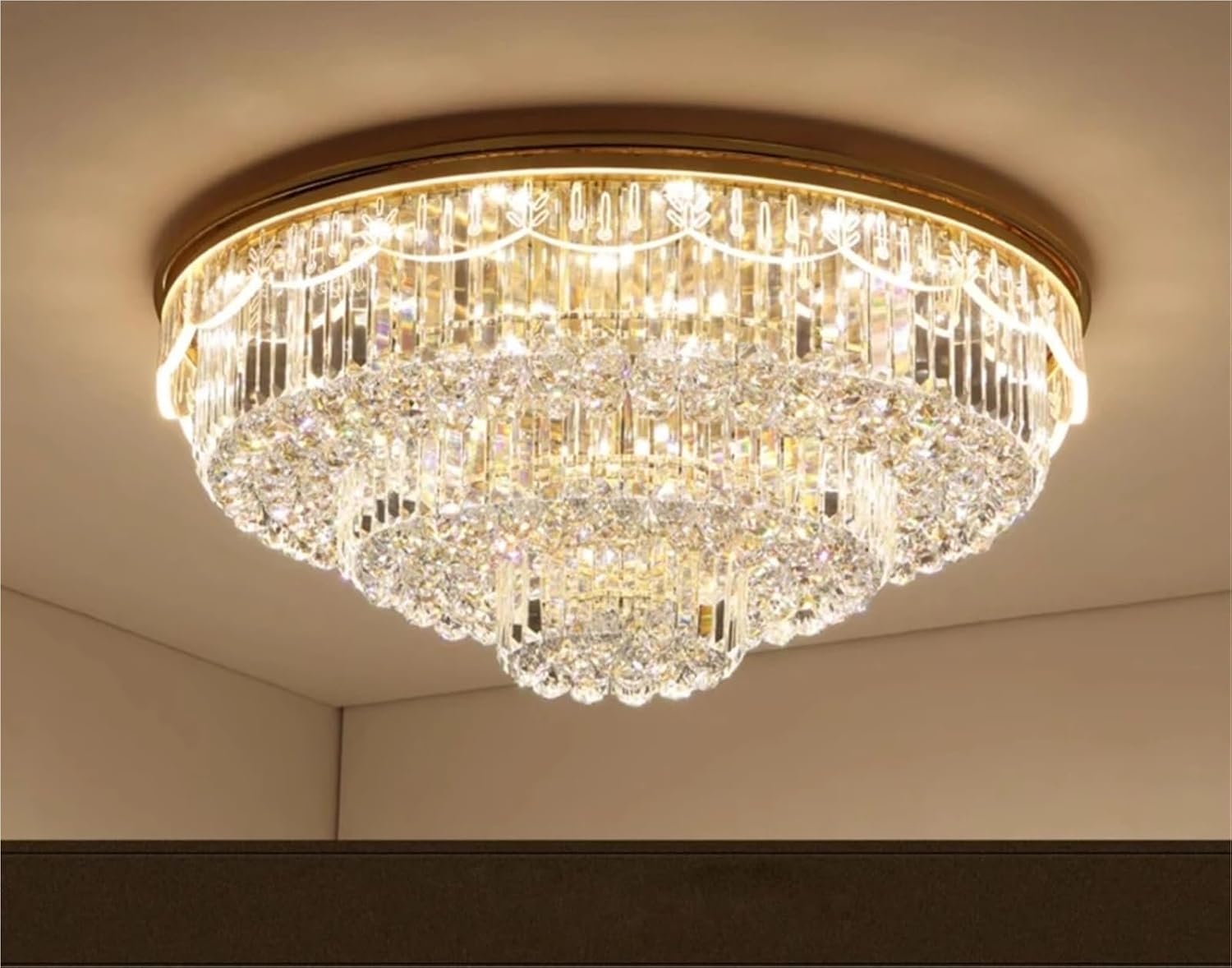 Rectangular Round K9 Crystal Silver Gold Dimmable LED Ceiling Chandelier Lamp Ceiling Lamp for Living Room,Dining Light Fixtures