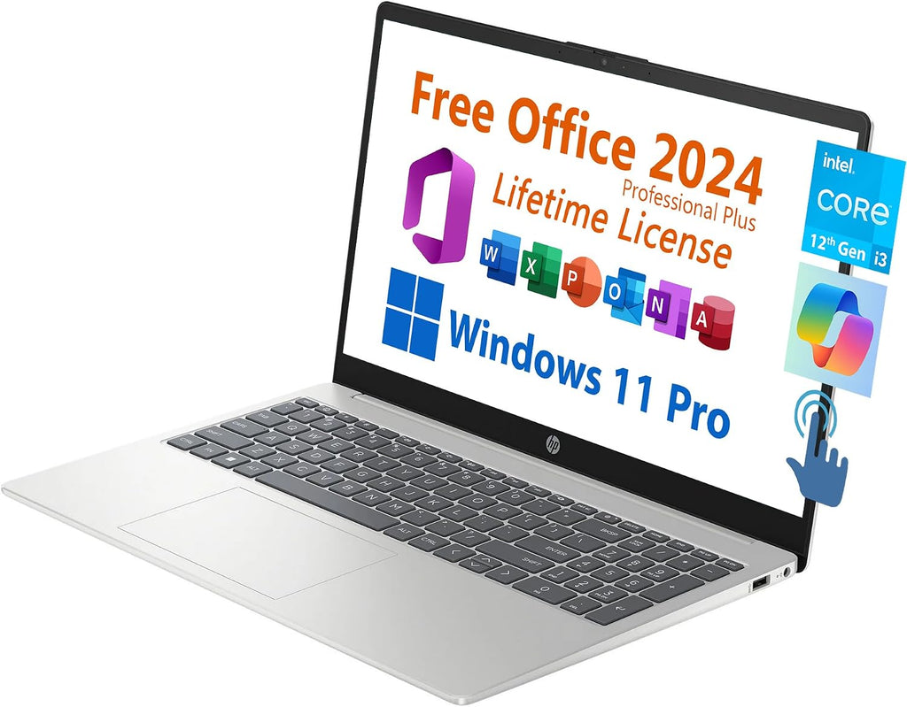 HP 15.6' Business Student Laptop, Free Microsoft Office 2024 Lifetime License, Copilot AI Chat, HD Touchscreen, Intel 6-Core i3-1215U 4.4 GHz, 8GB RAM, 256GB SSD, Long Battery Life, Windows 11 Pro