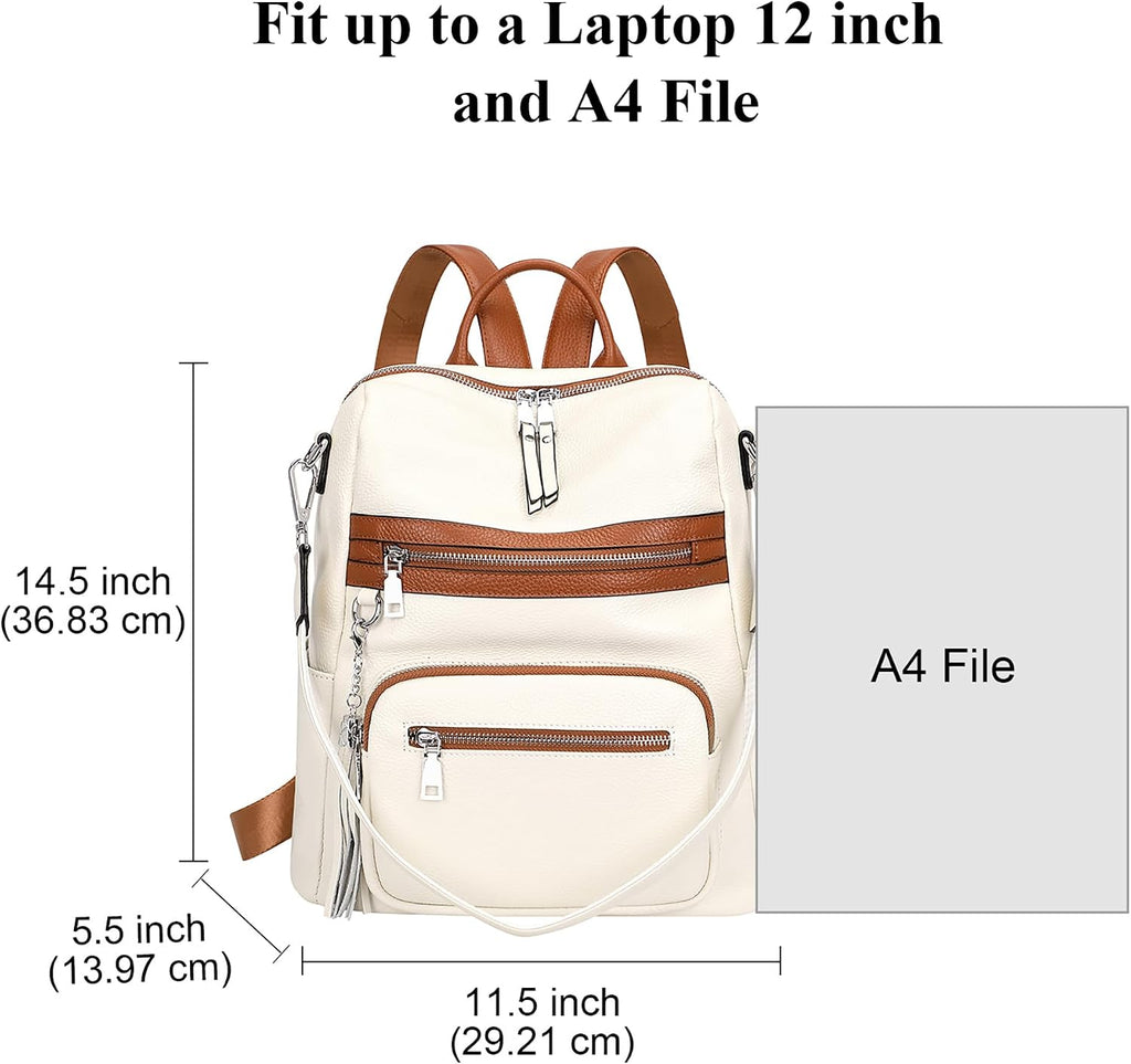 ALTOSY Genuine Leather Backpack Purse for Women Large Shoulder Bag With Laptop Compartment Multiple Pockets (S106 Beige/Brown)