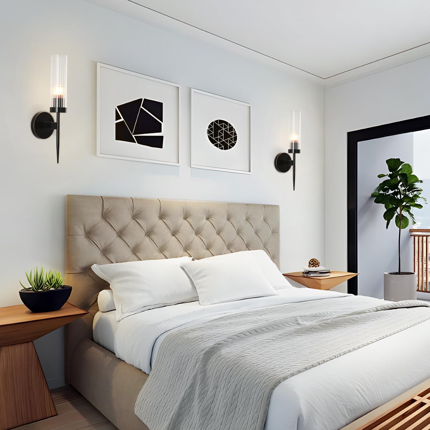 BOKT Mid Century Modern Black Slim Wall Sconce Lighting Set of Two 1-Light Clear Cylinder Glass Sconces Wall Lighting Set of 2 Minimalist Single Bathroom Vanity Light Fixture