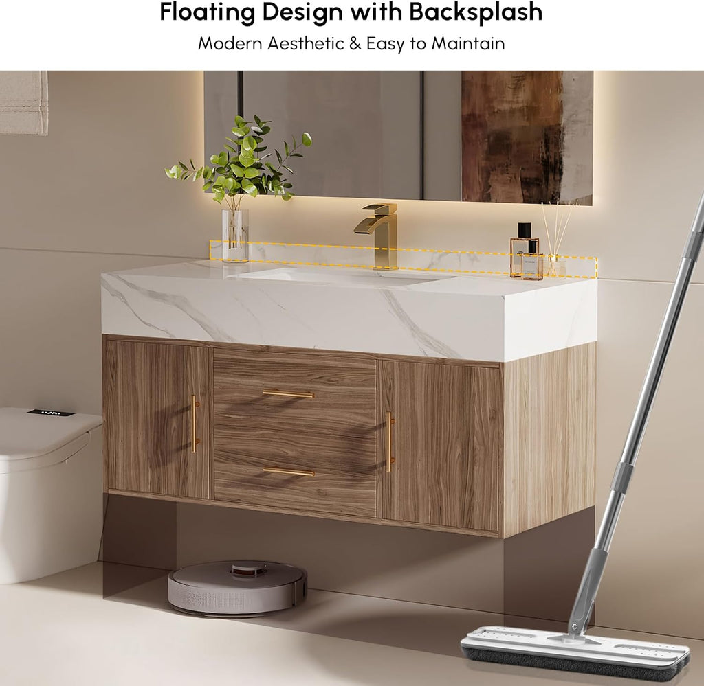 39.3' Floating Bathroom Vanity Set, Modern Wall-Mounted Vanity with Sintered Stone Countertop, Undermount Sink & Walnut Finish, Easy to Clean