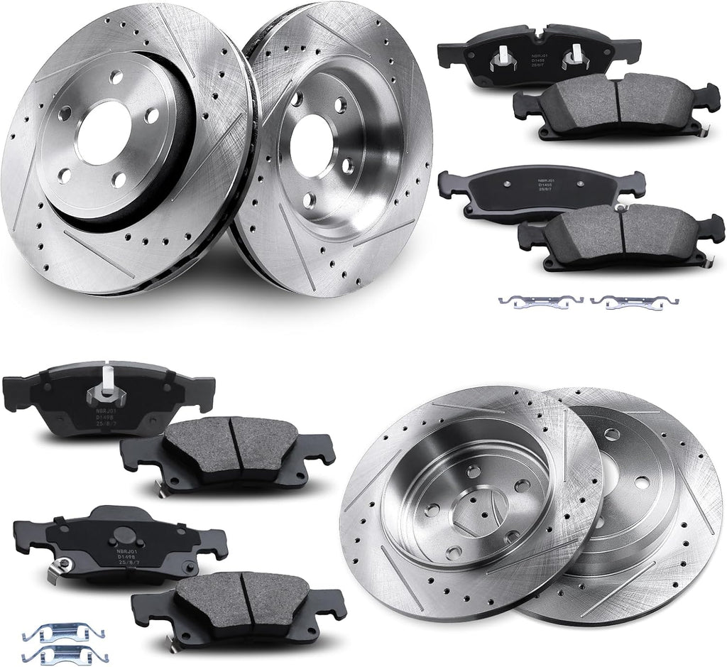 Front & Rear Drilled and Slotted Disc Brake Rotors & Ceramic Brake Pads Kit Fit for Dodge 2011-2020 Durango V6 3.6L; for Jeep 2011-2018 Grand Cherokee #53062 D1455 53061 D1498