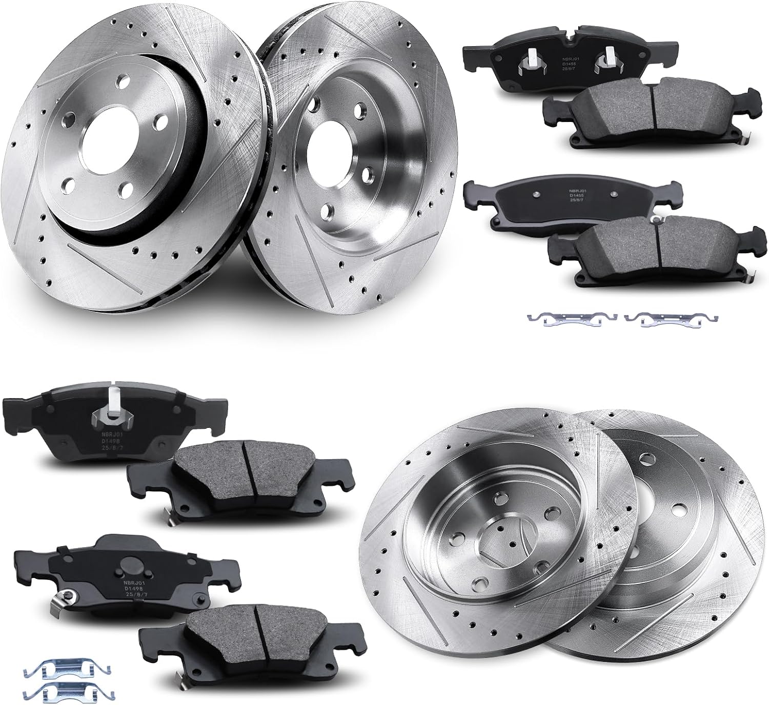 Front & Rear Drilled and Slotted Disc Brake Rotors & Ceramic Brake Pads Kit Fit for Dodge 2011-2020 Durango V6 3.6L; for Jeep 2011-2018 Grand Cherokee #53062 D1455 53061 D1498