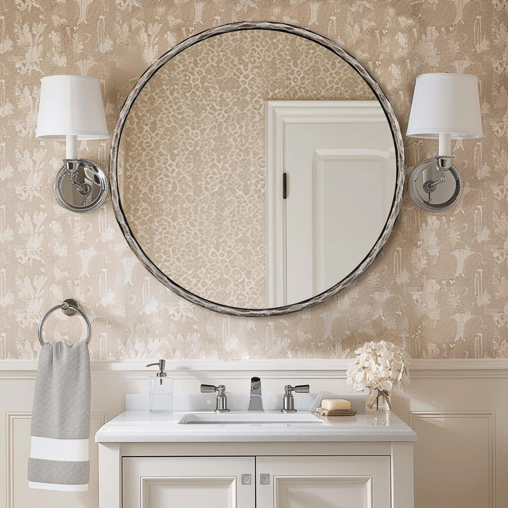 ANDY STAR 30 Inch Bathroom Hammered Round Mirrors, Silver Hand-Forged Circle Wall Mirrors with Metal Frame, Antique Round Mirror for Wall, Livingroom, Entryways, Solid Steel, Anti-Rust
