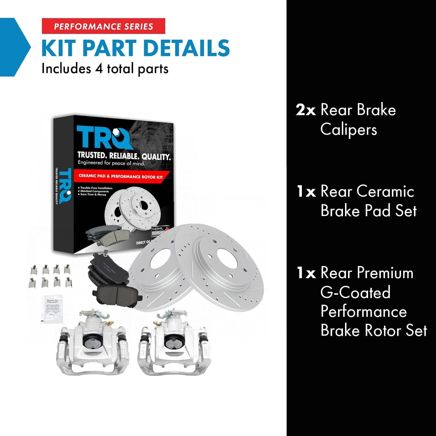 TRQ Performance Rear Brake Pad & Rotor Set Ceramic Drilled Slotted Coated Solid Rotors Calipers Compatible with 08-12 Chrysler Town & Country Dodge Grand Caravan 2012 Ram C/V 09-12 Volkswagen Routan