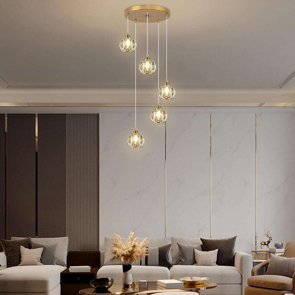 Weesalife Crystal Chandeliers for Dining Room Lights Fixture Over Table, 5-Light Gold Modern Pendant Light Fixture，Crystal Chandeliers for Living Room Kitchen Island Staircases Foyer Hallway Bar