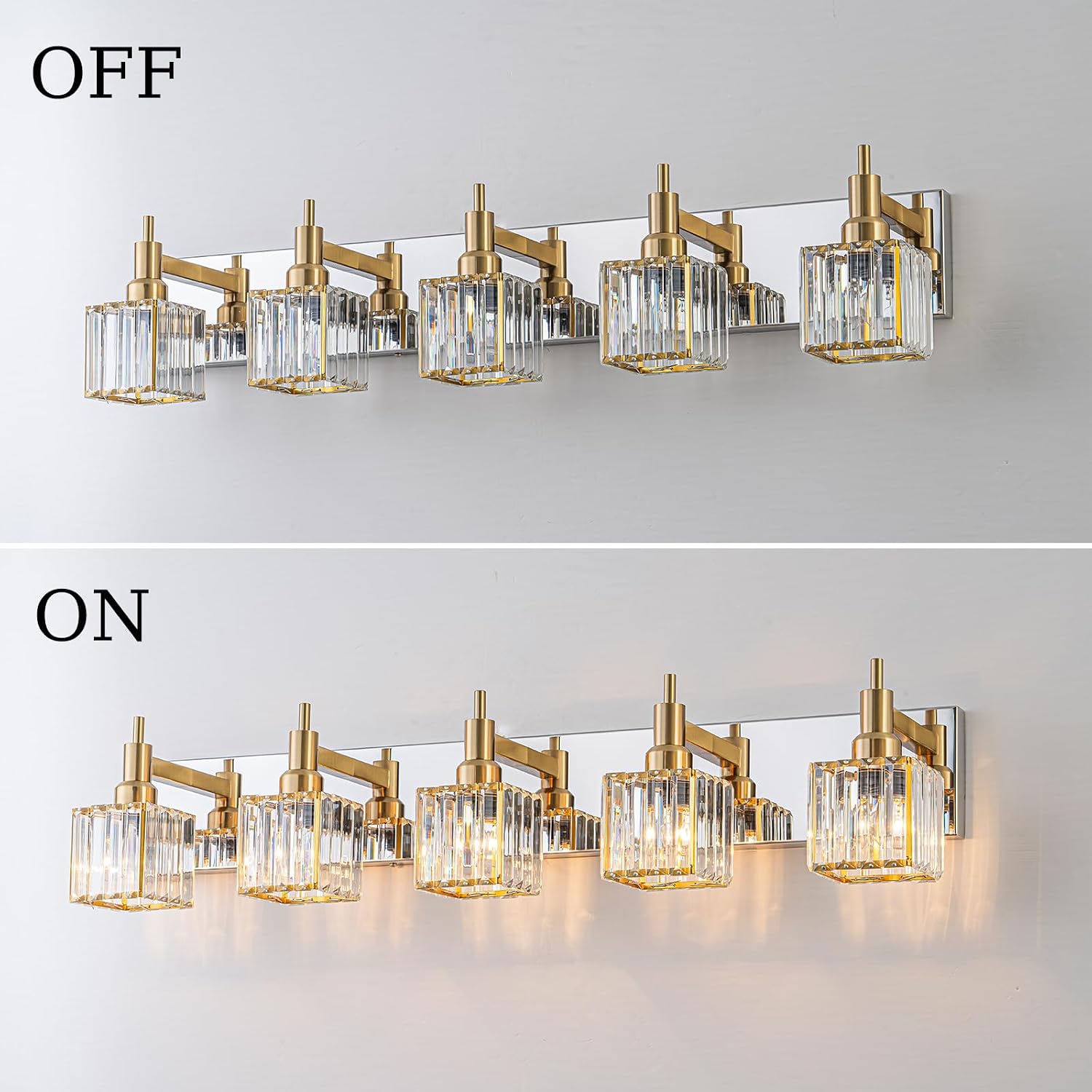 Crystal Bathroom Light Gold Chrome 5-Light Modern Bathroom Vanity Fixtures Over Mirror Square Wall Sconce