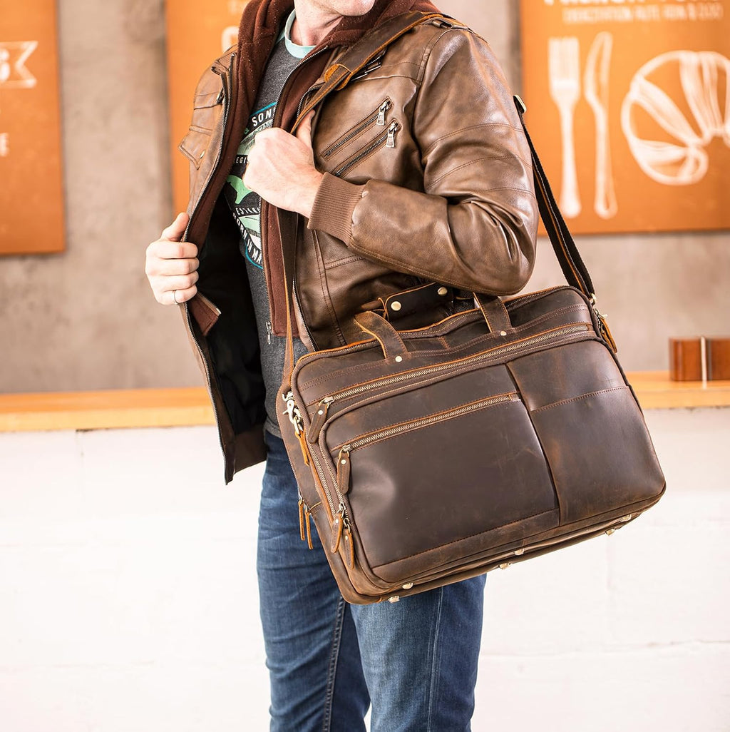 Polare X-Large 18' Full Grain Leather Briefcase For Men Business Travel Case Messenger Bag Fits 17.3' Laptop