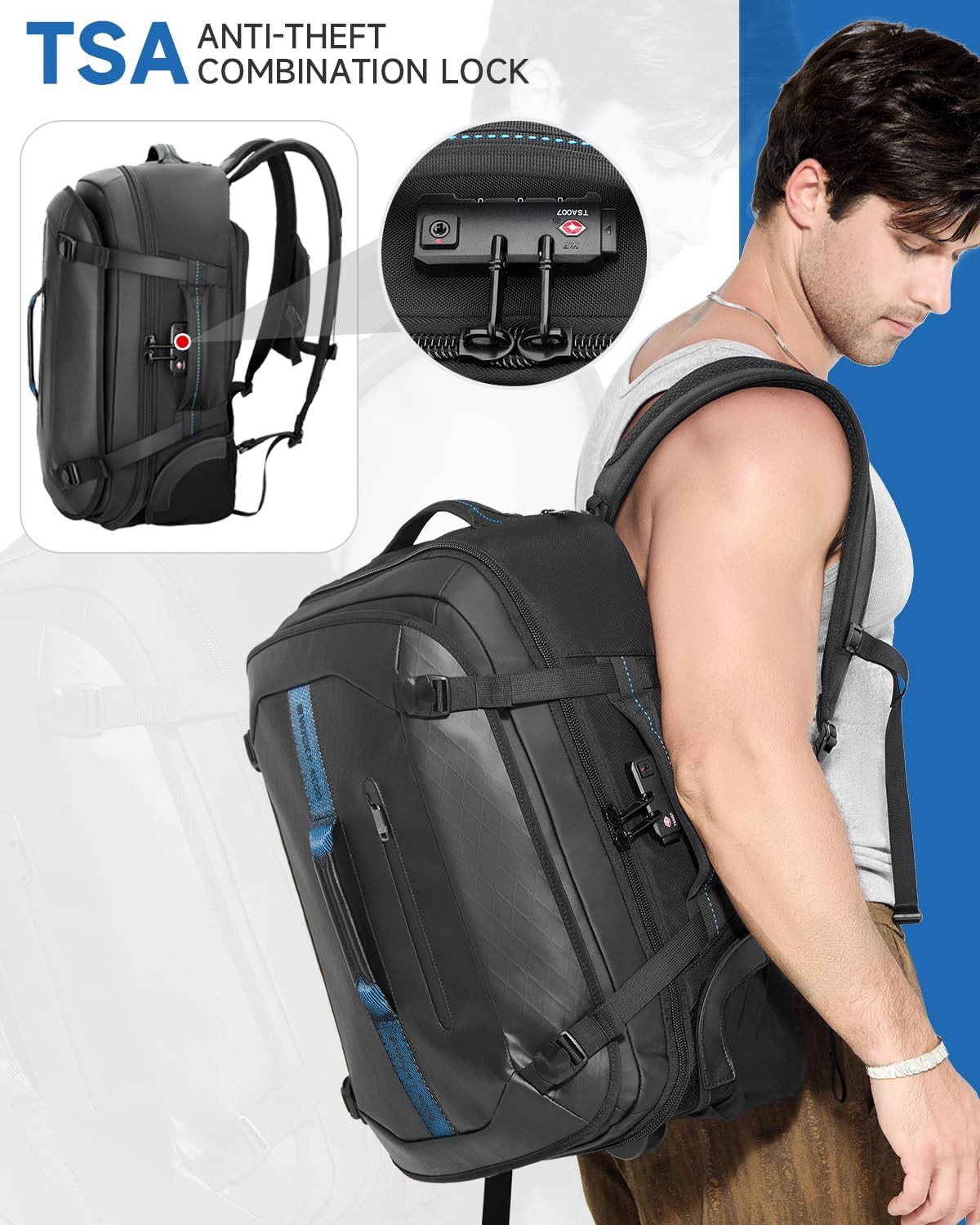 Backpack with wheels,Rolling laptop backpack with 2 Packing Cubes,Water-Resistant,Carry-On Luggage Suitcase for Men Adults to Travel, Commuting,Black