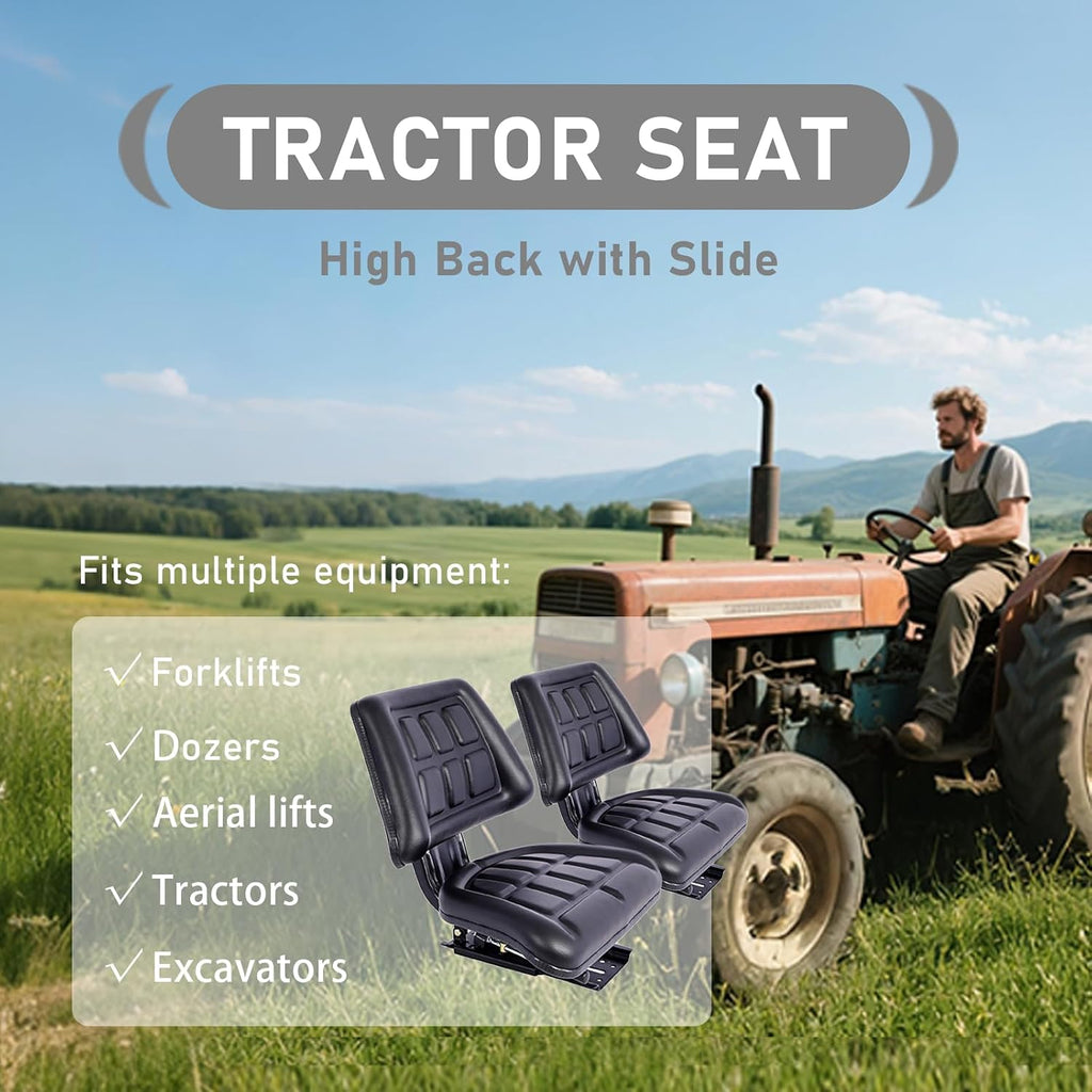 Tractor Seat with Backrest Black Slide Track Steel Luxurious Foam Padding, Perfect for PVC Compact Mower, Ergonomic Mower Seat Replacement, Black
