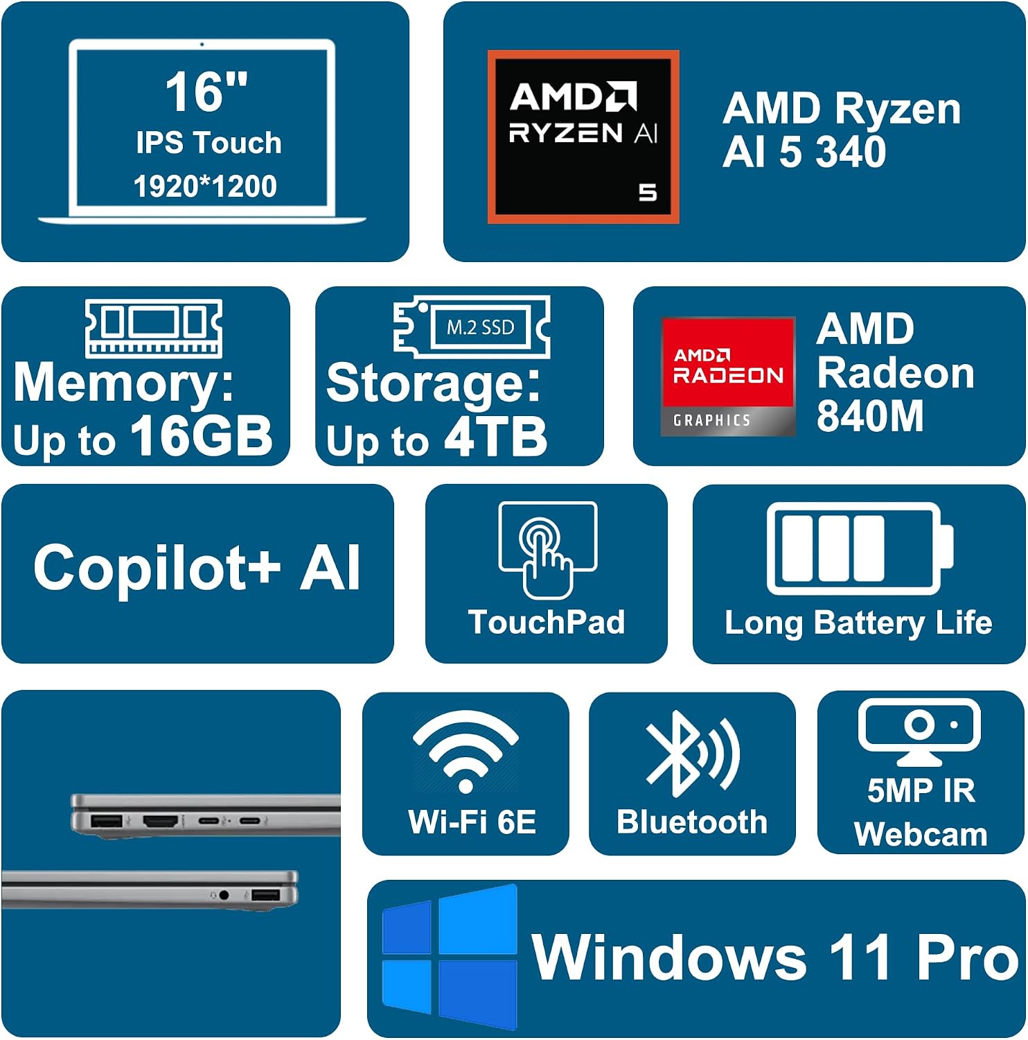 HP OmniBook X Flip 2-in-1 Laptop 16' WUXGA IPS Touch (400nits) AMD 6-core Ryzen AI 5 340 (Up to 50 Tops) 16GB DDR5 4TB SSD for Designer Business Professional Work Win11Pro ICP Hub