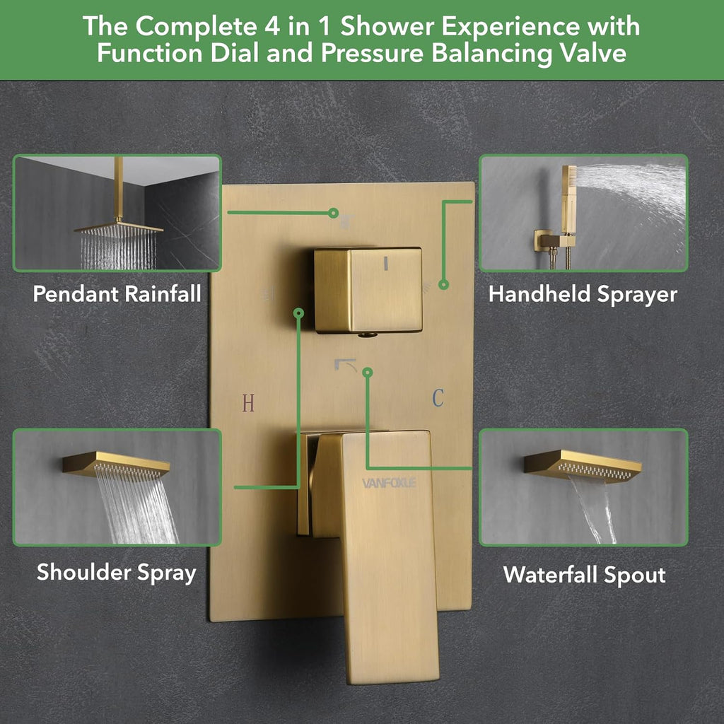 VANFOXLE Shower Faucet Set Brushed Gold Shower System, Four Modes Shower Faucet with 2 in 1 Handheld, Ceiling Mount 12 Inch Shower Head with 14 * 7 Inch Shoulder-Mounted Shower Massager
