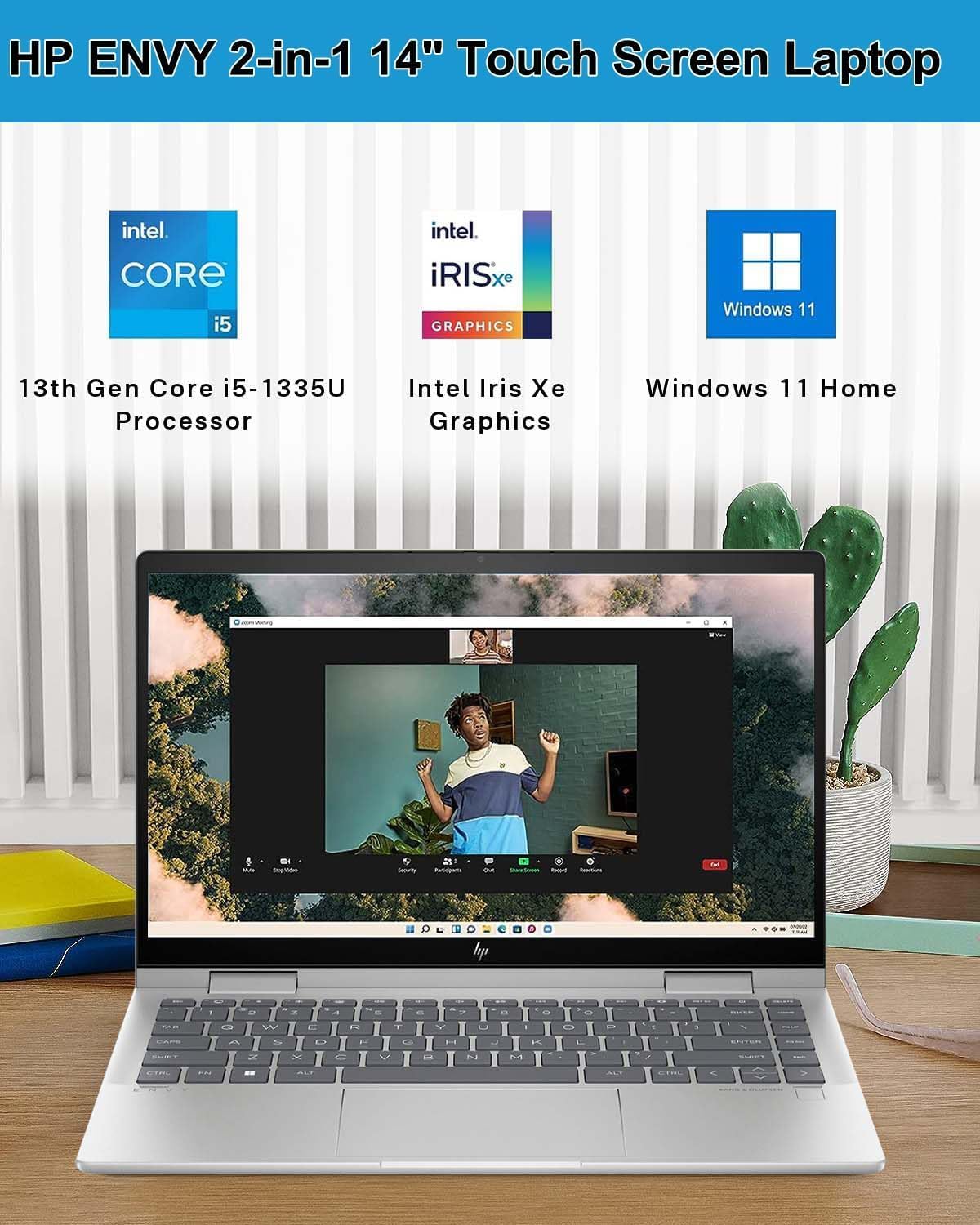 HP Envy x360 2-in-1 Laptop, 14' FHD Touchscreen Display, Intel Core i5-1335U Processor, 8GB RAM 1TB SSD, Fingerprint reader, Backlit Keyboard, Bluetooth 5.3, Wi-Fi 6E, Windows 11 Pro, Silver