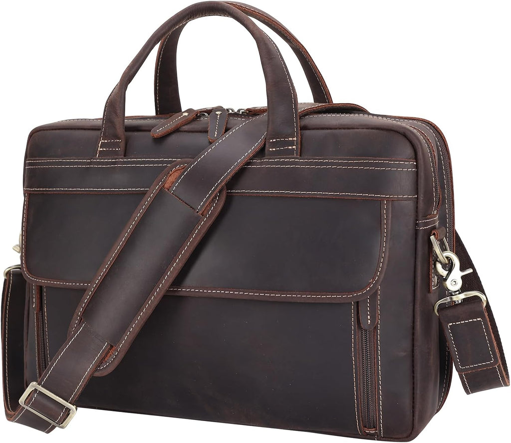 Masa Kawa Leather Briefcase for Men 15.6', 17' Laptop Computer Case Business Travel Work Messenger Cross Body Shoulder Bag