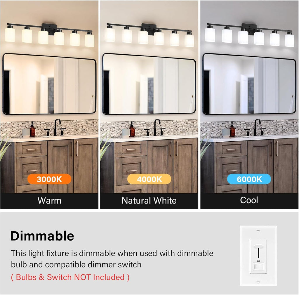 FonmYim Black Bathroom Light Fixtures, 6-Light Modern Vanity Light Over Mirror, Wall Sconces with Milky White Frosted Glass Shades, E26 Socket (Bulbs Not Included)