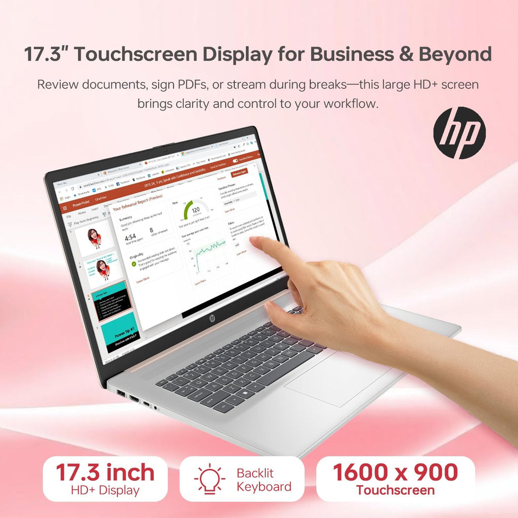 HP 17t Premium Rose Gold Laptop, 17.3' HD+ Touchscreen, Intel Core i5-1335U, 16GB RAM, 1TB SSD, Webcam, FP Reader, Backlit KB, HDMI, Wi-Fi 6, Windows 11 Home