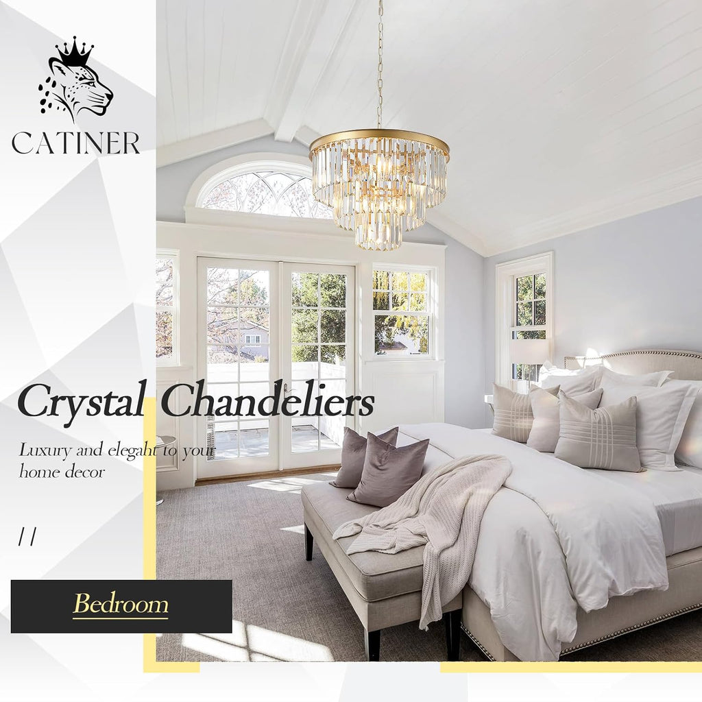 CATINER Modern Crystal Chandeliers,Gold 20' Round Chandeliers for Dining Room 3 Tiers 7 Lights Luxury K9 Crystal Ceiling Pendant Light Fixture for Foyer Bedroom Closet