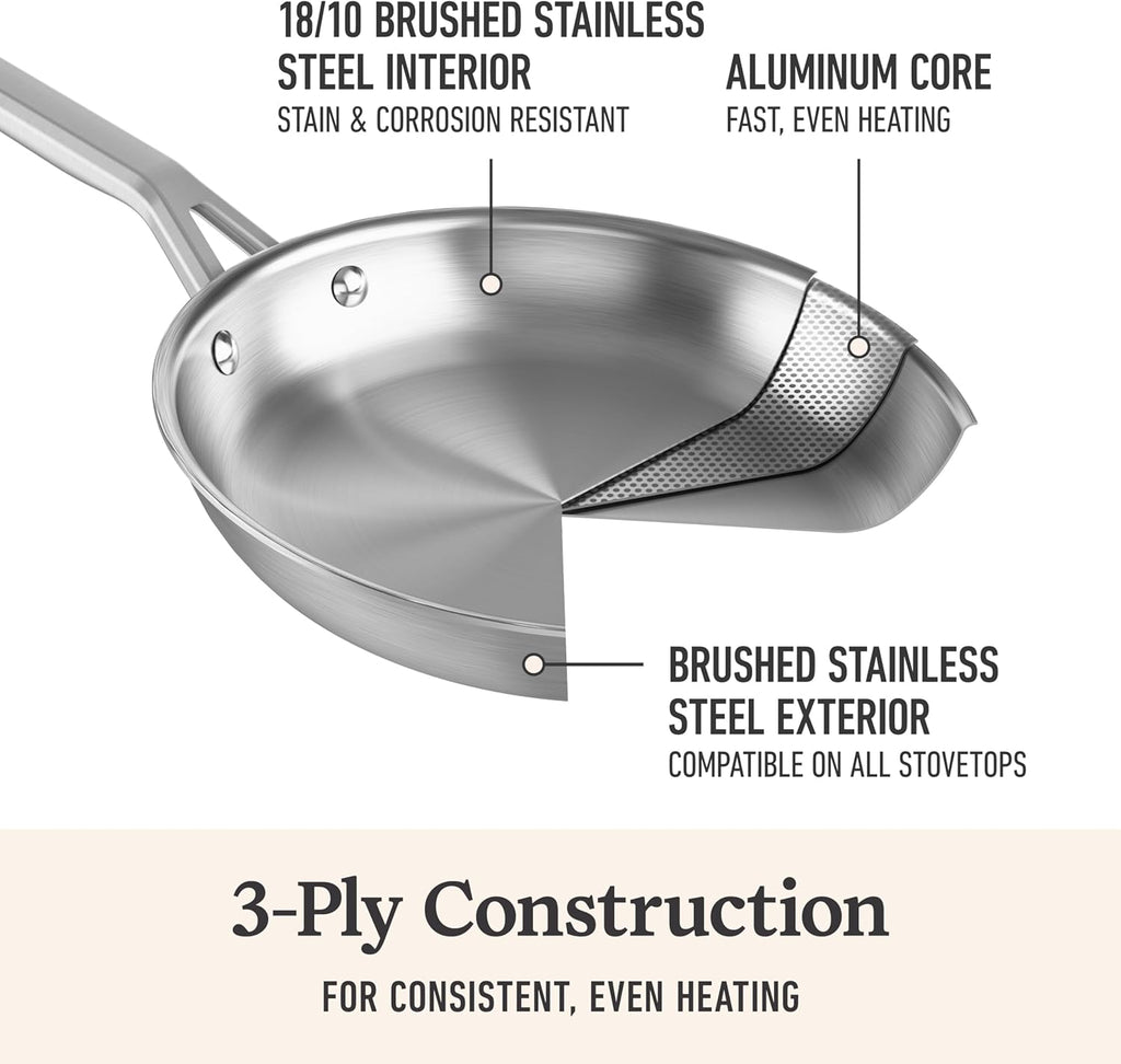Calphalon Brushed 3-Ply Stainless Steel Cookware Set w/Turbo Heat Tech 3 Piece Includes Fry and Sauce Pan Set, Induction, Oven Safe 450F, Brushed Stainless Silver