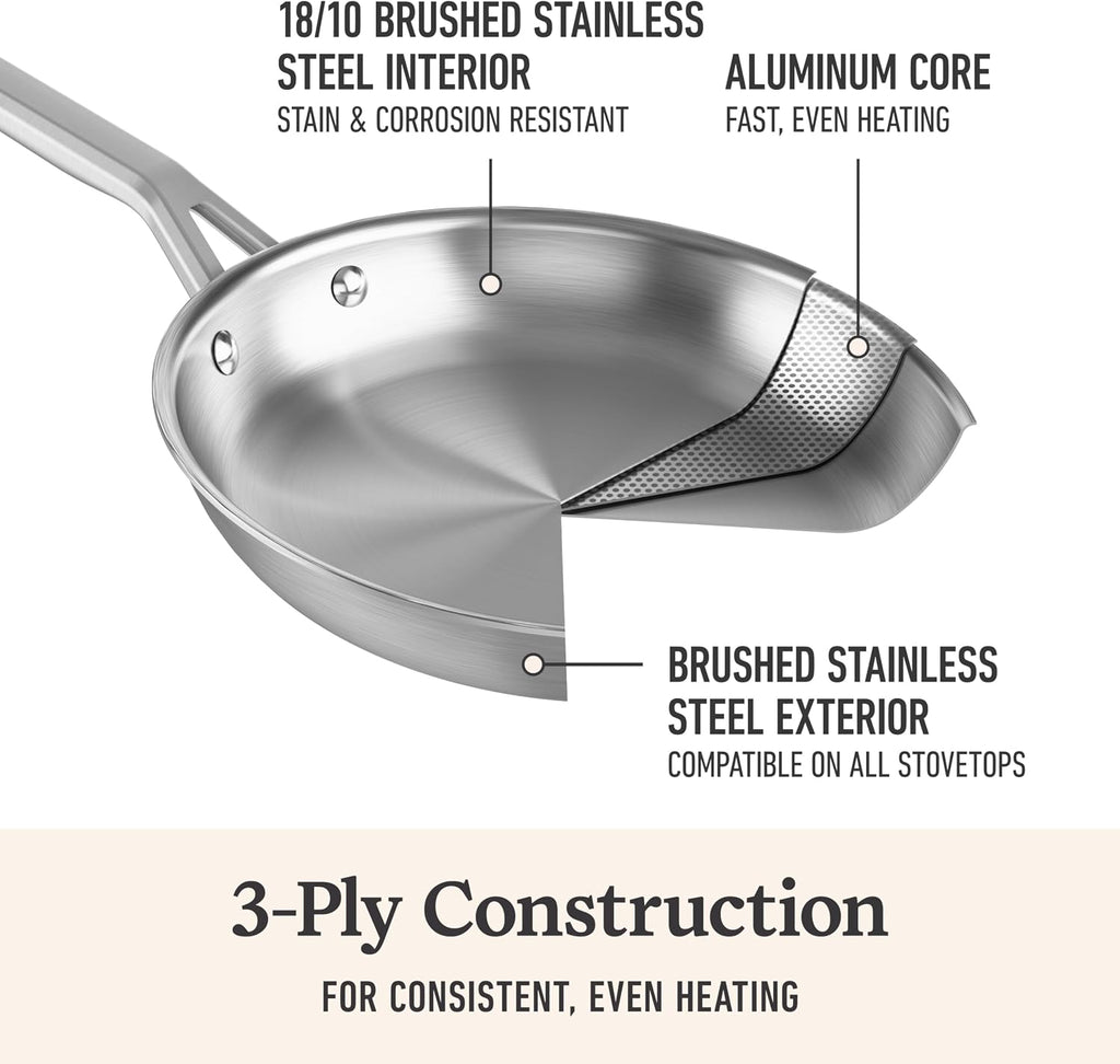 Calphalon Brushed 3-Ply Stainless Steel Cookware Set w/Turbo Heat Tech 6 Piece Includes Frying Pans, Pots and Pans Set, Induction, Oven Safe 450F, Brushed Stainless Silver