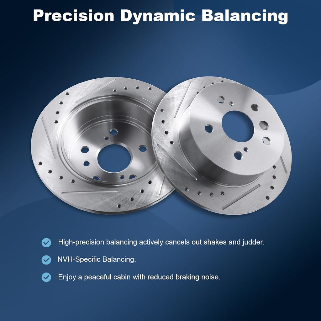 Front & Rear Drilled and Slotted Disc Brake Rotors & Ceramic Brake Pads Kit Fit for Lexus 2007-2012 ES350; for Toyota 2007-2011 Camry, 2008-2012 Avalon #31434 D1293 31433 D1212