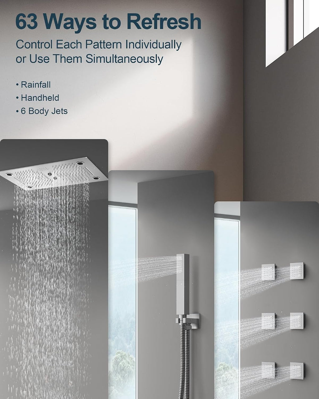 Luxury LED Shower System, 28' x 16' Ceiling Mount Bluetooth Music Speaker 4 Function Shower Head with 6 Body Jets, Brushed Nickel
