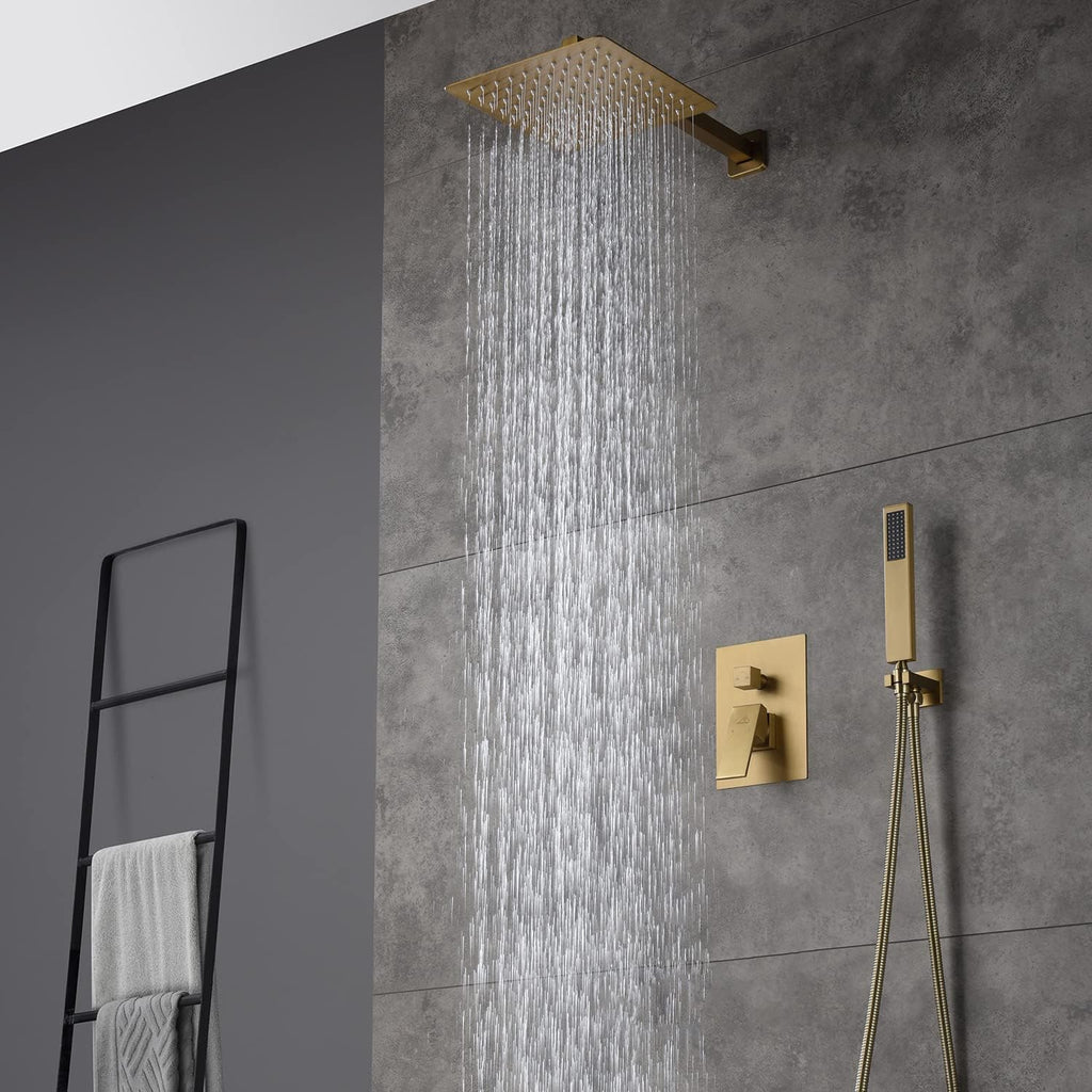 CASAINC 10 Inch Rain Shower Head with Handheld Spray, Wall Mounted Shower Valve and Trim Kit Luxury Shower Faucets Sets Complete Dual Shower Heads Shower System (Brushed Gold)