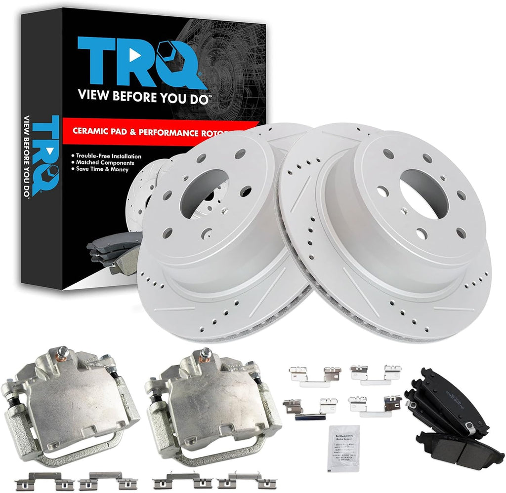 TRQ Performance Rear Brake Pad & Rotor Set Ceramic Coated Drilled Calipers Compatible with 14-18 Chevrolet Silverado GMC Sierra 2019 1500 15-20 Cadillac Escalade Tahoe 15-18 Suburban 15-19 Yukon