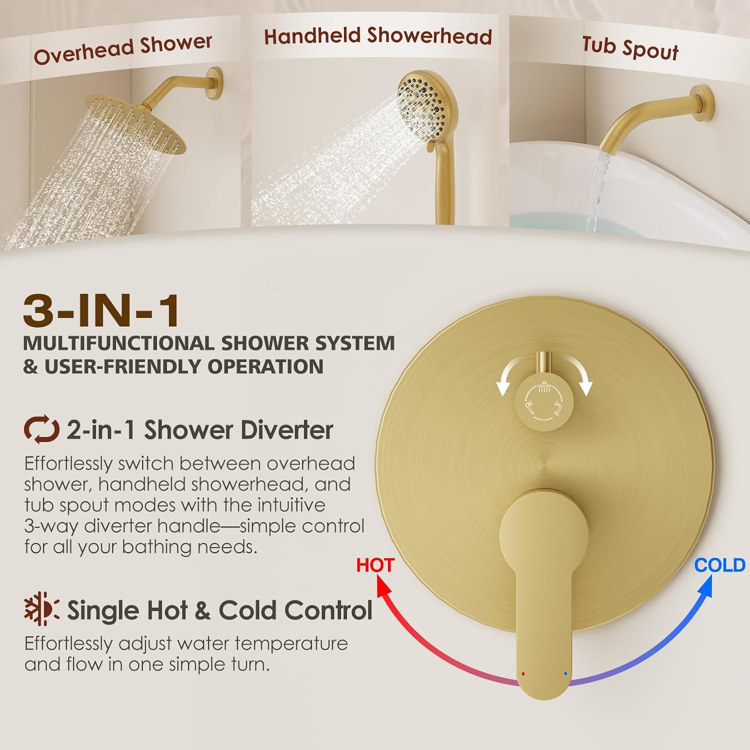 Brushed Gold Shower System with Tub Spout – 8-Inch Rain Shower Head & Filtered Handheld with 8 Spray Modes, Wall Mounted Bathroom Shower Combo Set
