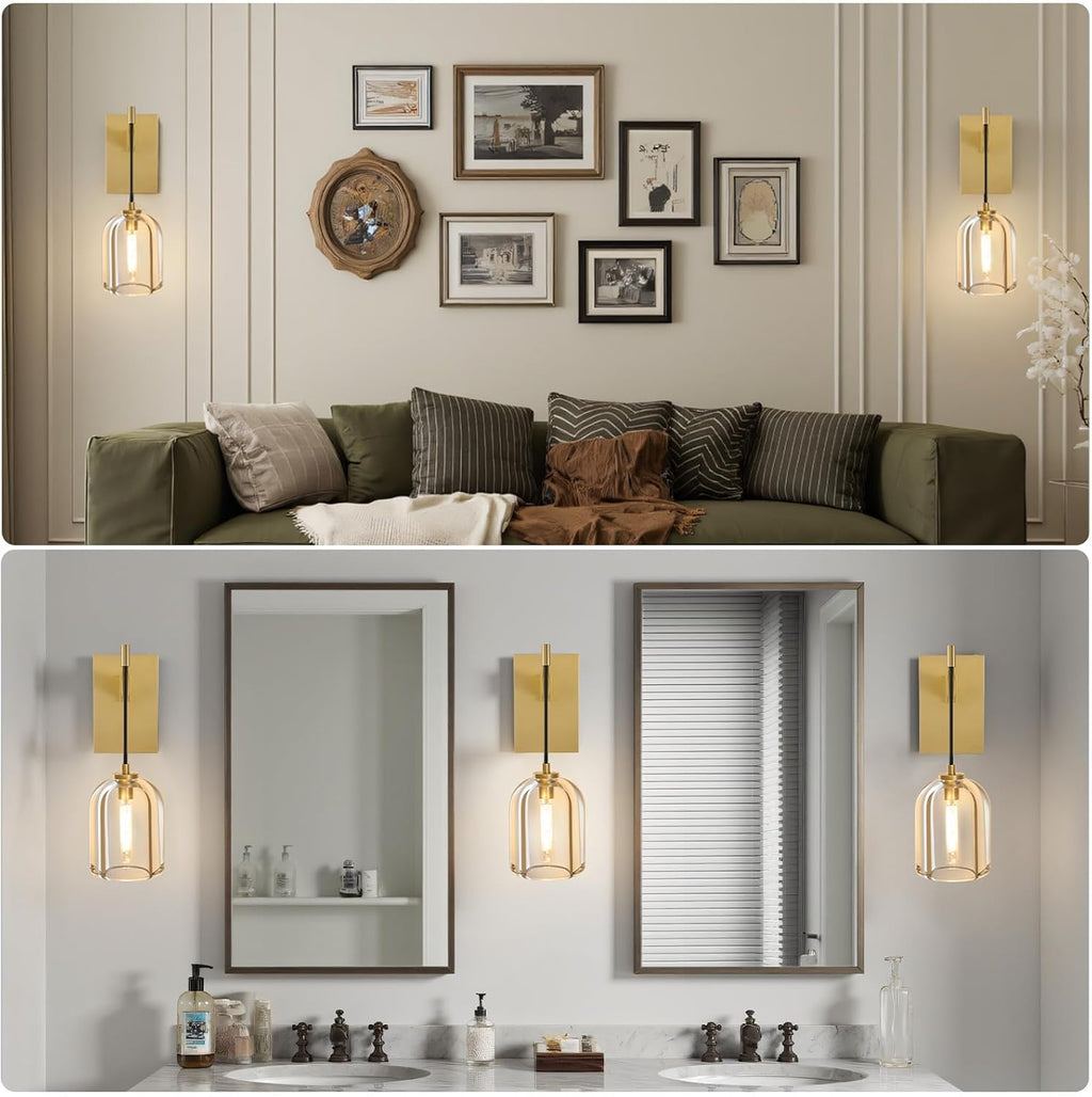 Crystal Brass Hemisphere Wall Sconce - Set of 2 Gold Brushed Dimmable Sconces with Bulbs - Luxury Indoor Lighting Fixture - Modern Hanging Light Decor for Bedroom Living Room Bathroom Vanity Hallway