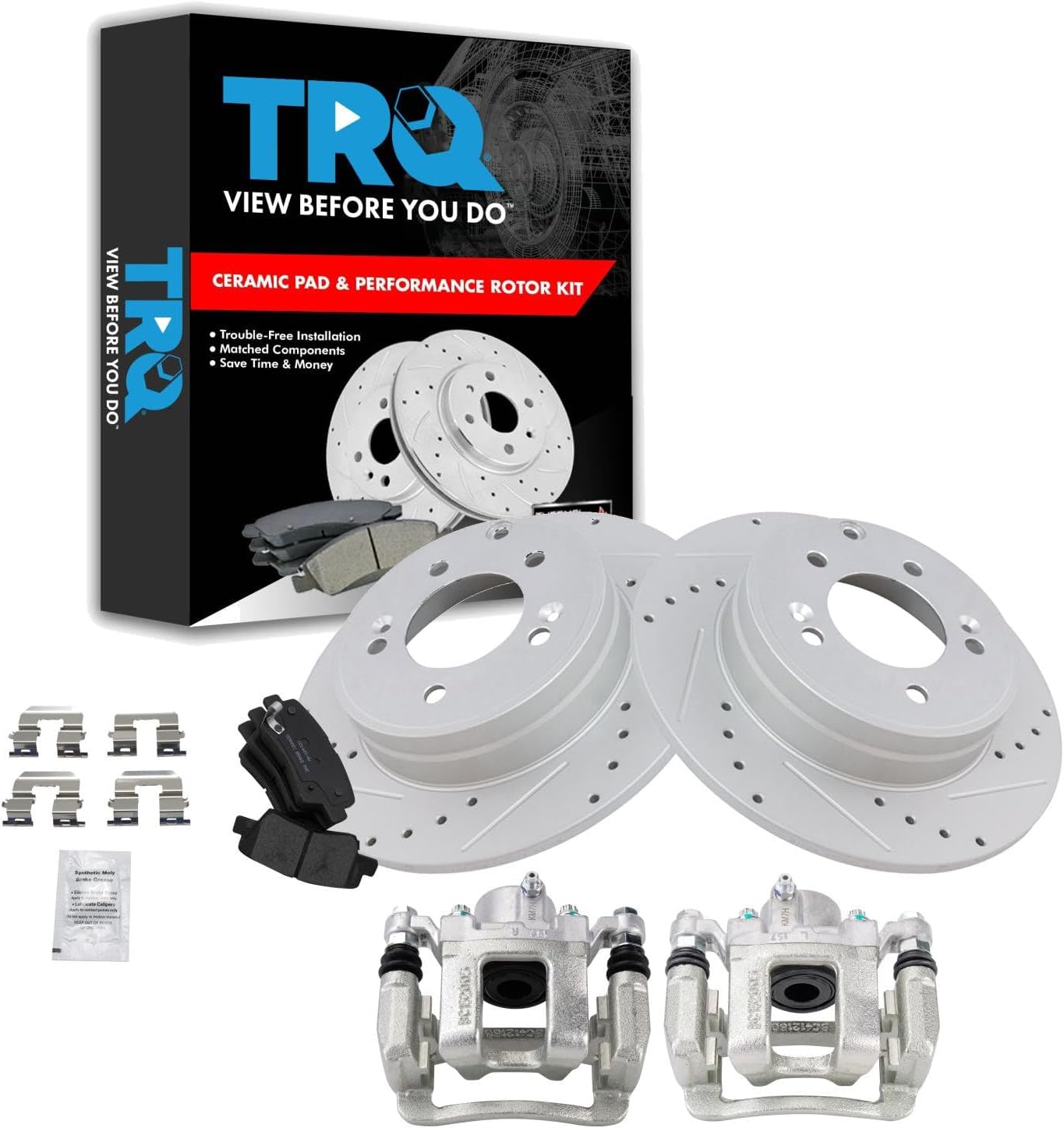TRQ Performance Rear Brake Pad and Rotor Set Ceramic Solid Rotors Calipers Compatible with 2011-2014 Hyundai Sonata 2011-2015 Kia Optima