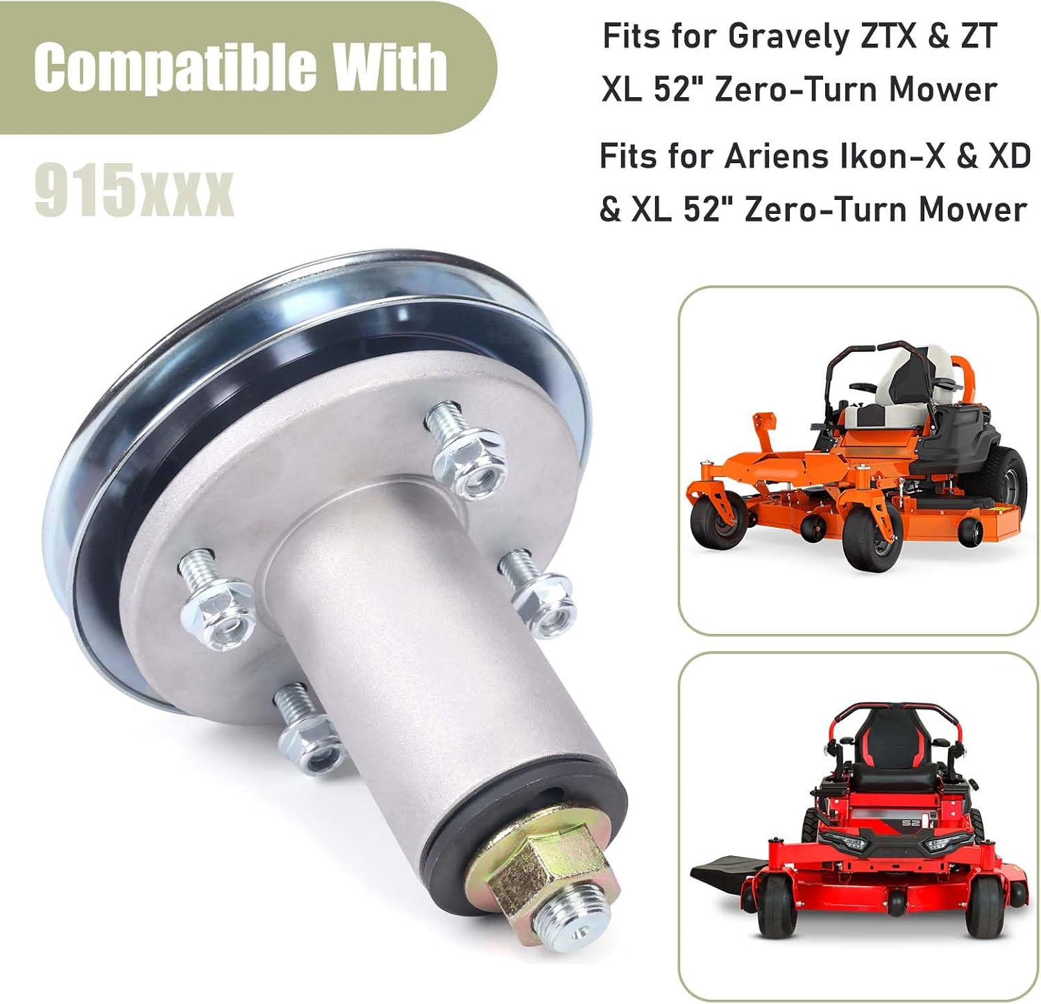 3 Pack 51528000 51537200 Lawn Mower Deck Spindle Assembly with Spindle Nut Compatible with Ariens Ikon-X/XD/XL 52 & Edge 52 & Gravely ZTX/ZT XL 52 Zero-Turn Mower Model 915xxx