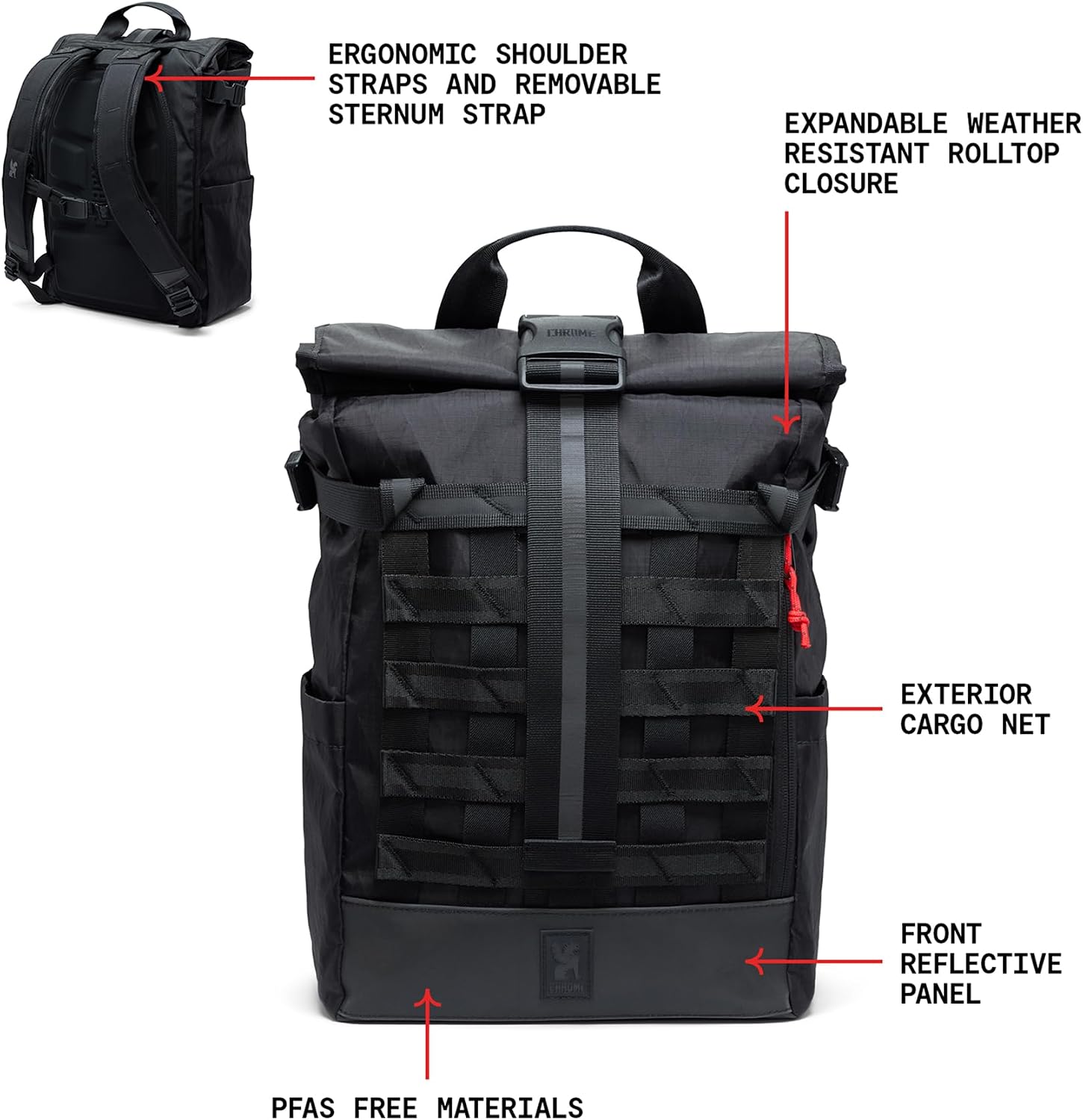 Chrome Industries Barrage 18L Black XRF Reflective Roll-Top Backpack – Water Resistant Bag for Work, School, Travel – Features Cargo Net & Laptop Pocket