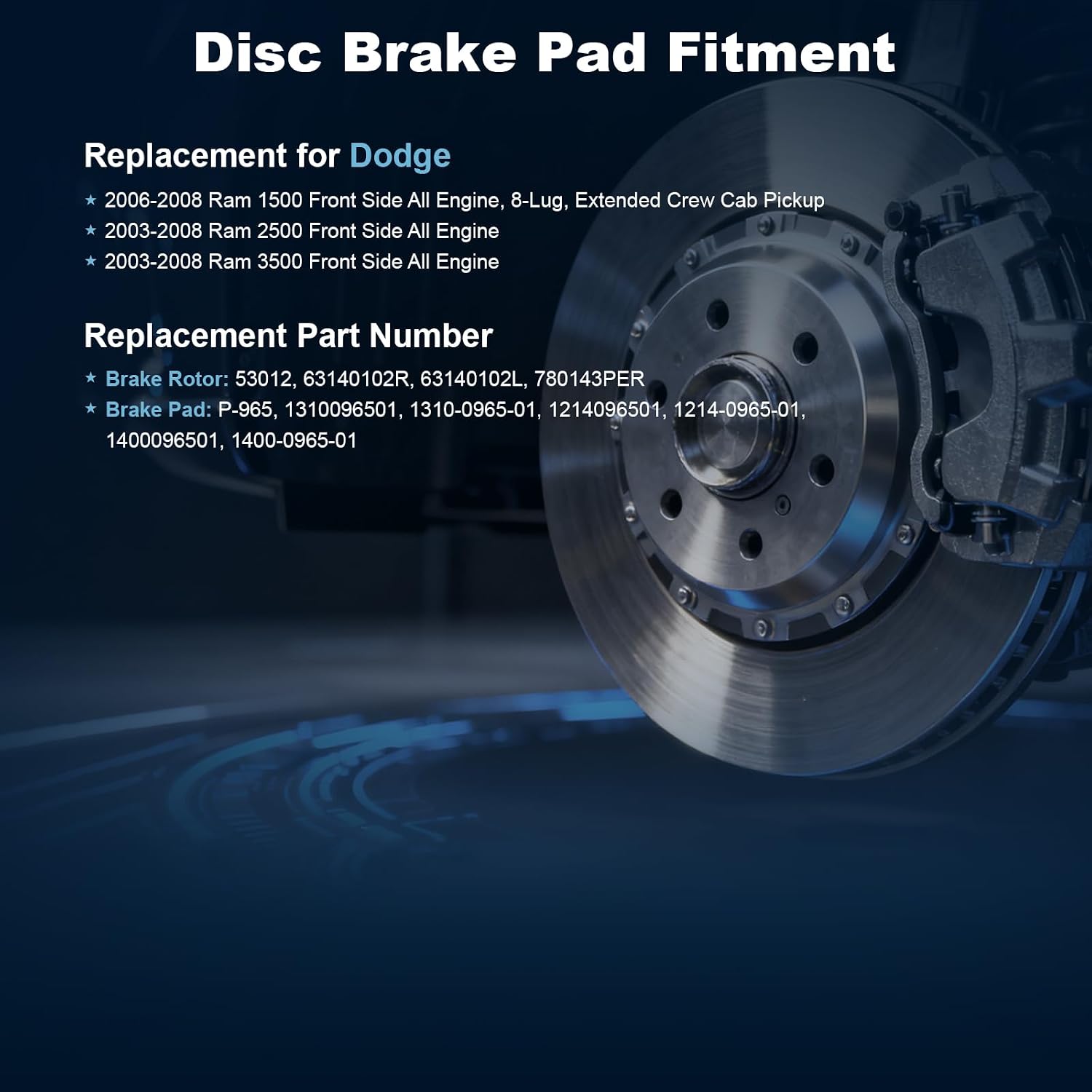 Front Drilled and Slotted Disc Brake Rotors & Ceramic Brake Pads Kit Fit for Dodge 2006-2008 Ram 1500 (8 Lug; Mega Cab Models ONLY), 2003-2008 Ram 2500, 2003-2008 Ram 3500#53012 D965