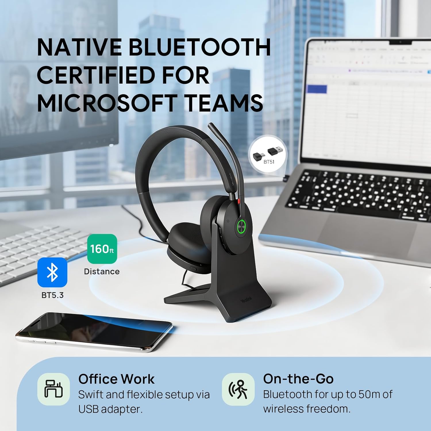 Yealink BH74 ANC Bluetooth Headset with Microphone for Hybrid Work, Microsoft Teams Premium Open Ofﬁce Certified Headsets with 6-mics Active Noise Cancellation, Zoom Certified, 65H, Charging Stand