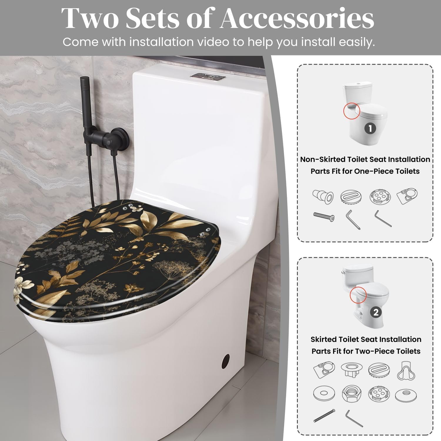 Elongated Toilet Seat Gold Silver Floral Black Leaves Flowers Resin Toilet Seat Quietly Close Quick Release Hinges with Cover Bumpers Decorative Easy to Install Clean