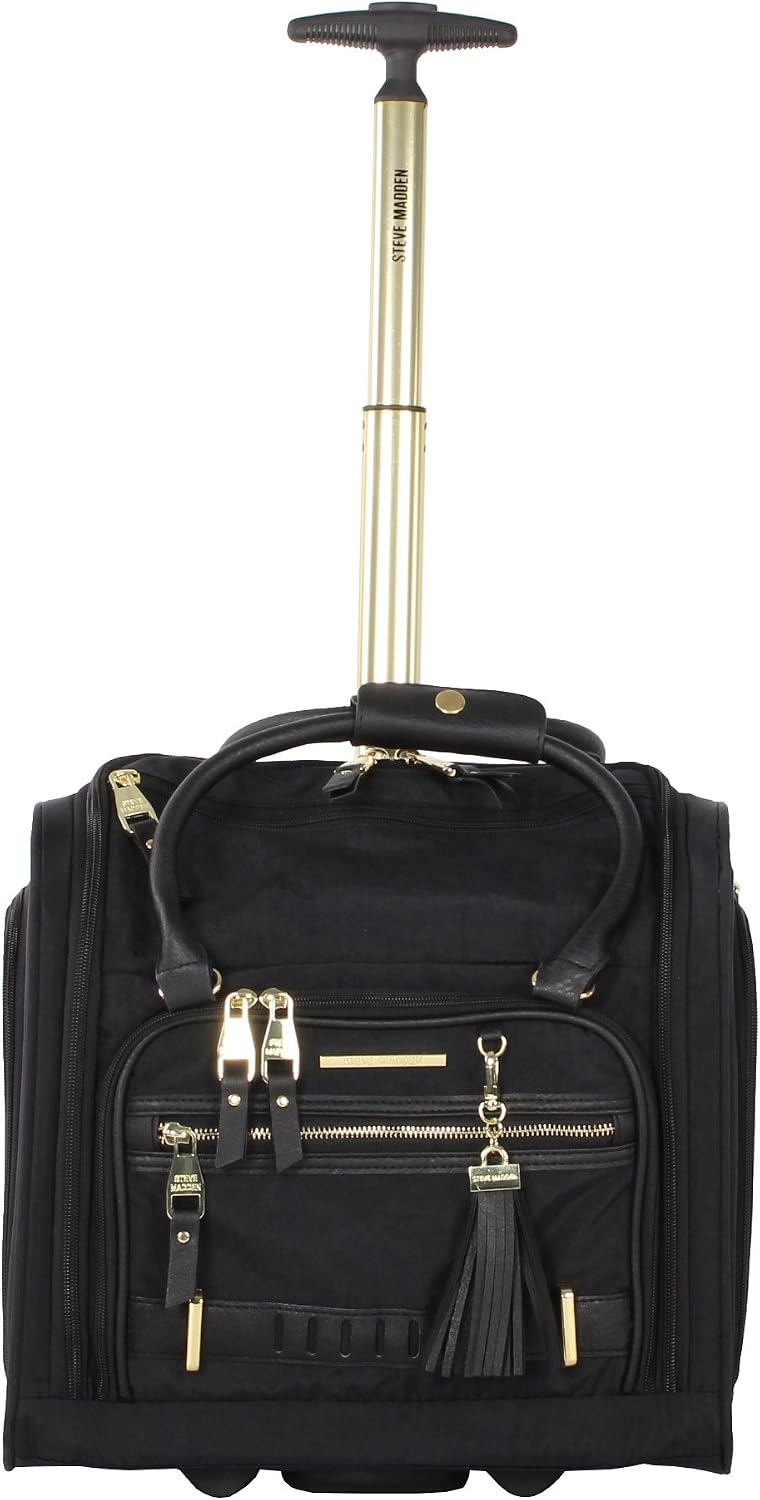 steve madden Designer 15 Inch Carry on Suitcase- Small Weekender Overnight Business Travel Luggage- Lightweight 2- Rolling Spinner Wheels Under Seat Bag for Women (Peek-A-Boo Black)