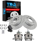 TRQ Performance Rear Brake Pad and Rotor Set Ceramic Solid G Coated Rotors Calipers Compatible with 2010 Volkswagen Golf 2005-2010 Jetta 2006-2009 Rabbit