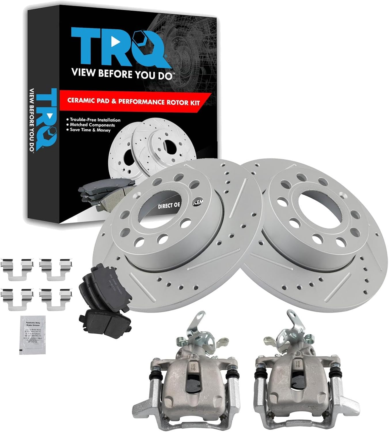 TRQ Performance Rear Brake Pad and Rotor Set Ceramic Solid G Coated Rotors Calipers Compatible with 2010 Volkswagen Golf 2005-2010 Jetta 2006-2009 Rabbit
