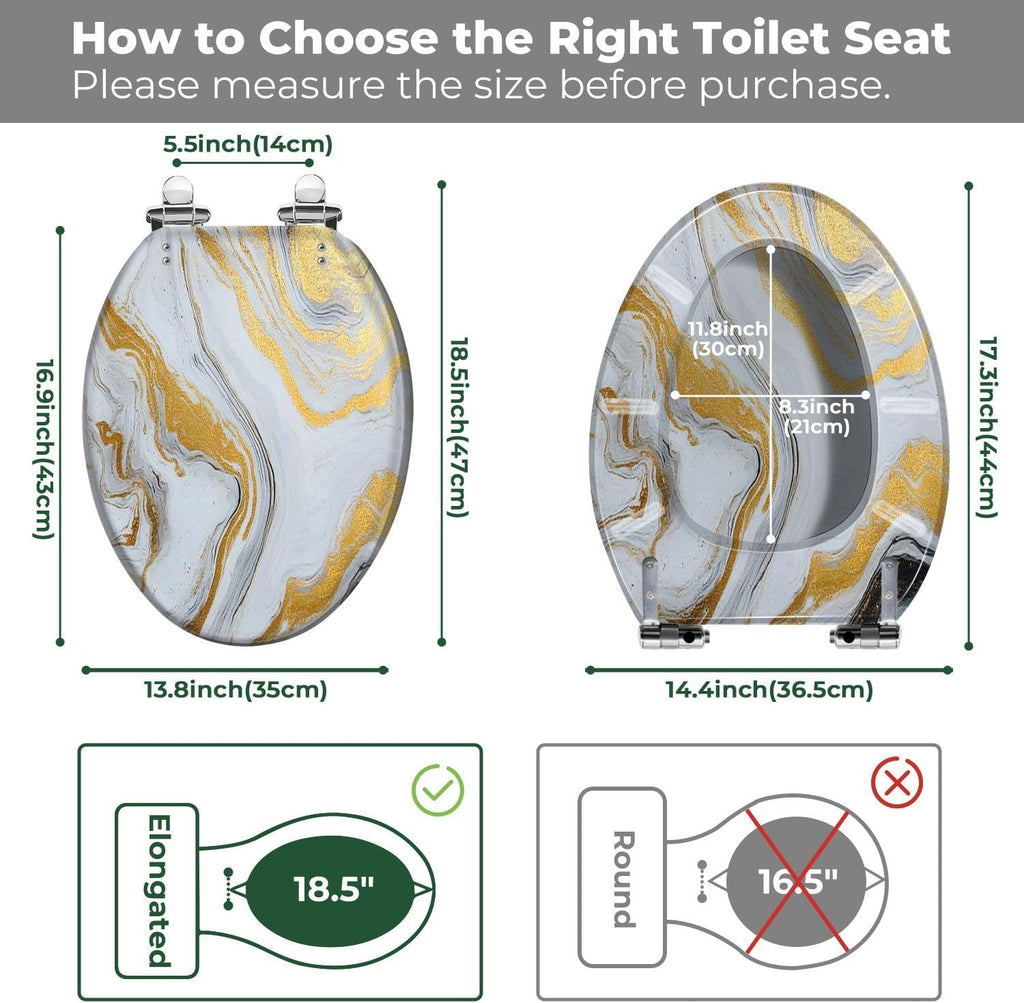 Elongated Toilet Seat marble ink paper texture white silver gold Art Resin Toilet Seat with Cover Easy to Install Quietly Close Quick Release Hinges Decorative