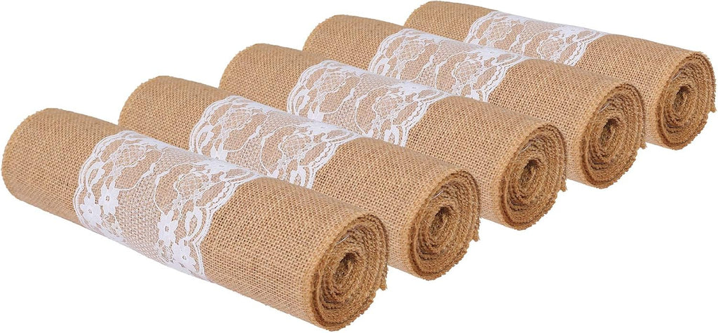 MDS 10 PCS 100% Natural Burlap Table Runners 12' x 108' with Lace, Rustic Farmhouse Country Vintage Boho Jute Runner for Wedding Reception Birthday Party Home Kitchen Dining Coffee Table Decoration