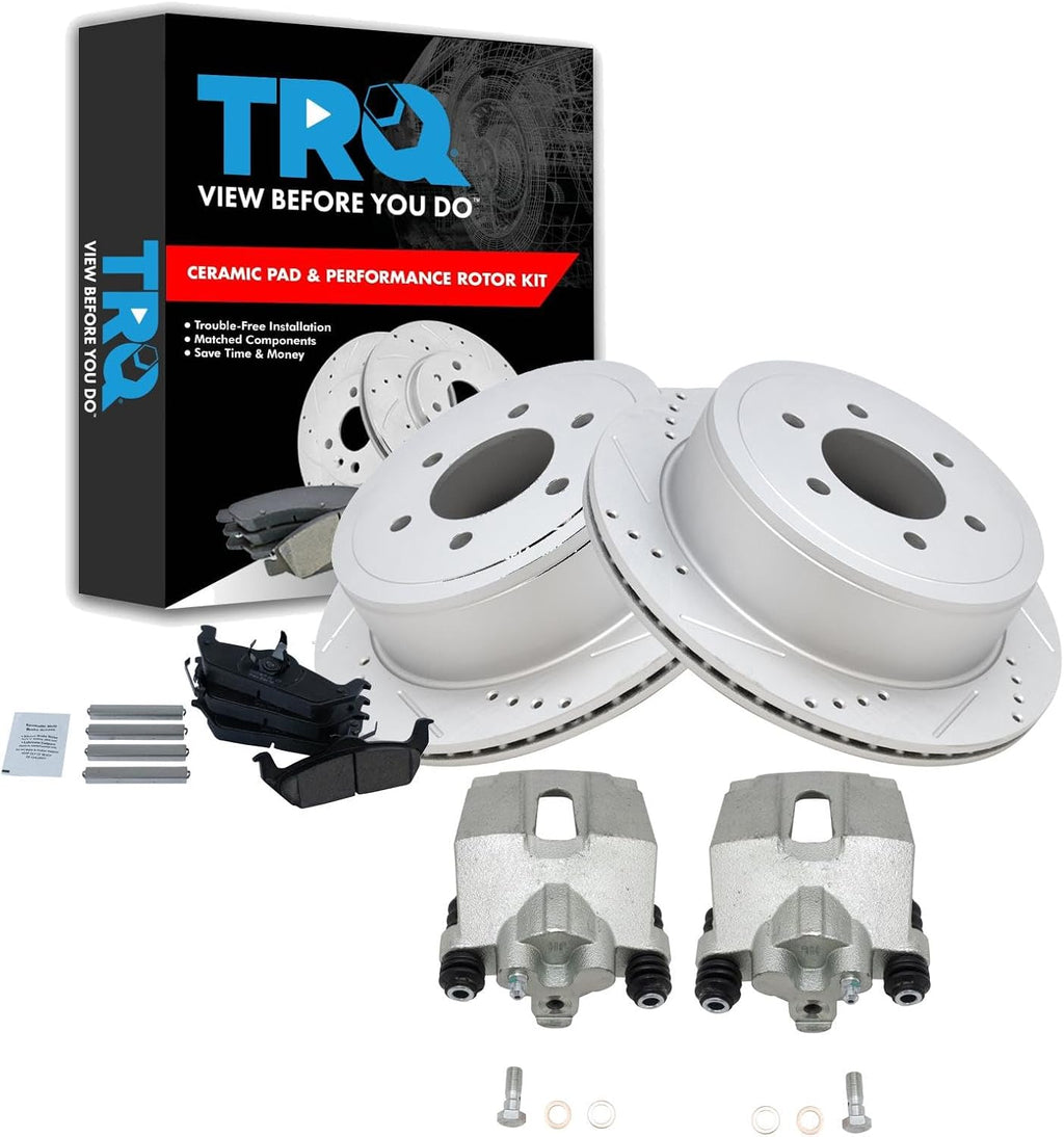 TRQ Performance Rear Brake Pad and Rotor Set Ceramic Vented Coated Slotted Drilled Rotors Calipers Compatible with 2004-2011 Ford F-150 2006-2008 Lincoln Mark LT