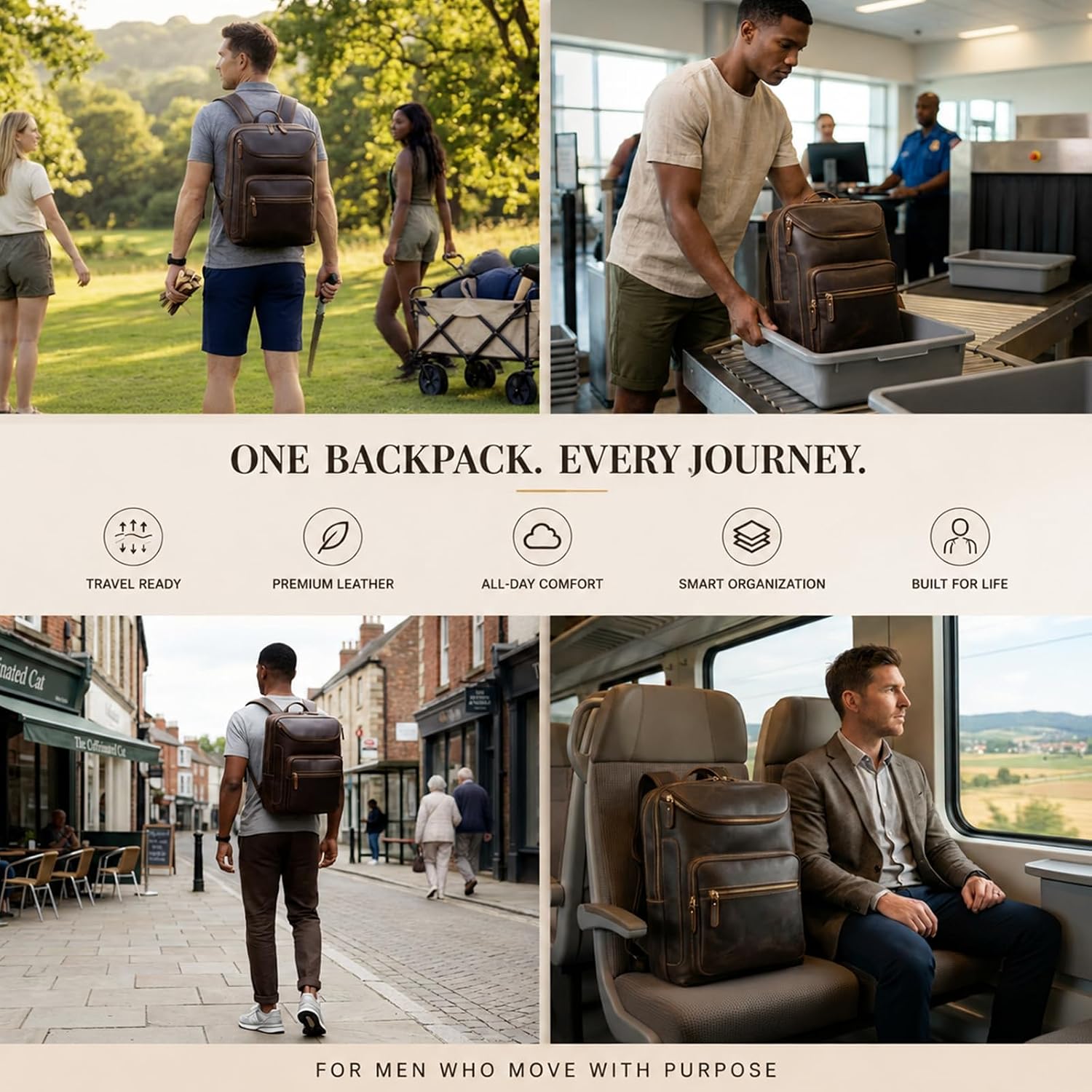 LANNSYNE Vintage Leather Backpack for Men, 16' Laptop Full Grain Leather Travel Backpack with Ergonomic Shoulder Straps, Lightweight Business Daypack Rucksack for Work Commute Hiking Camping